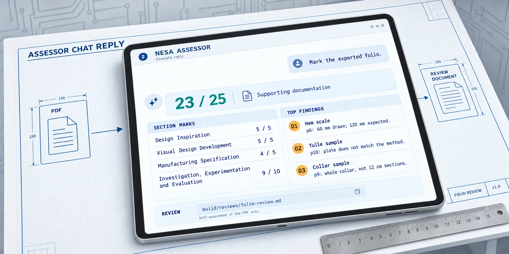 The assessor's chat reply: a 23 of 25 total, four section marks, the top three findings, and the review path.