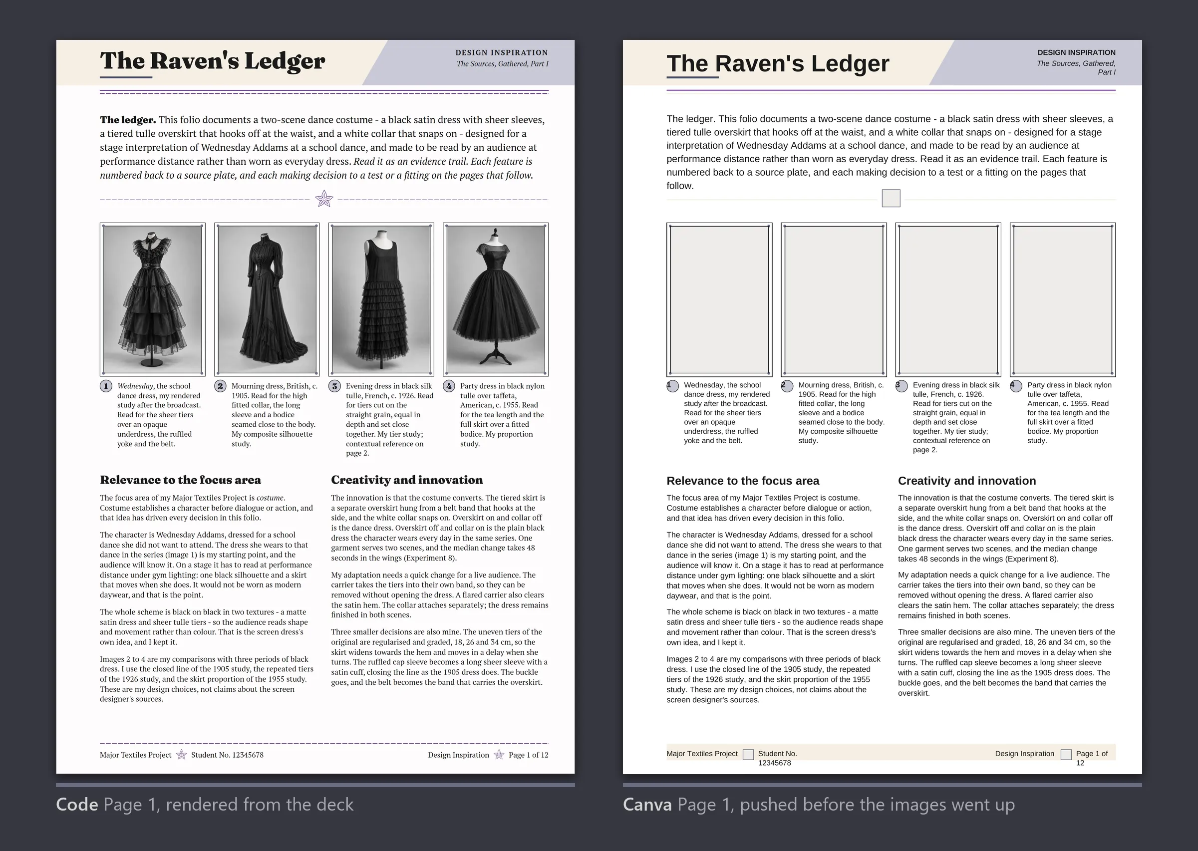 Page 1 from the deck on the left, and in Canva on the right with grey boxes where the plates go.