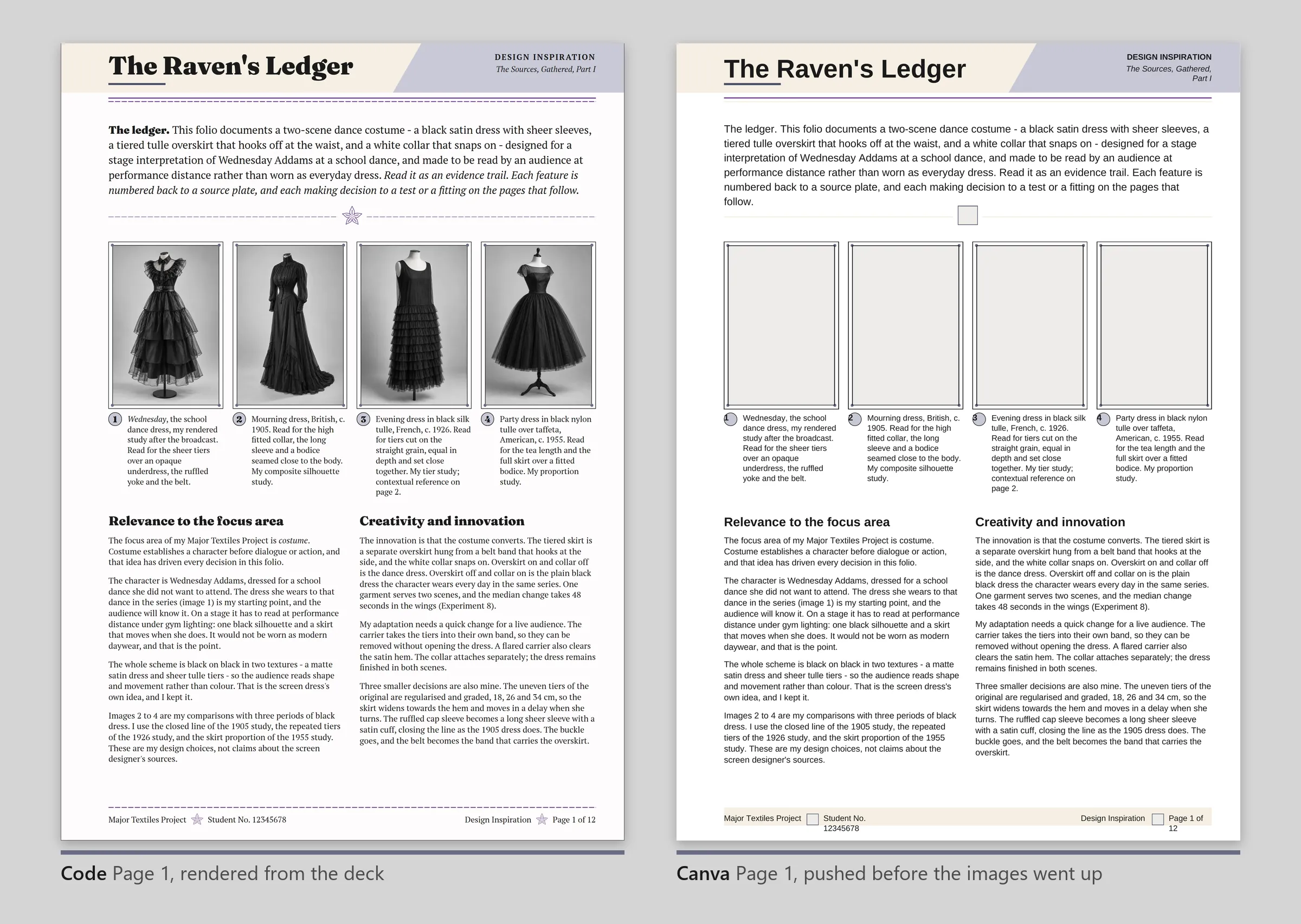 Page 1 from the deck on the left, and in Canva on the right with grey boxes where the plates go.