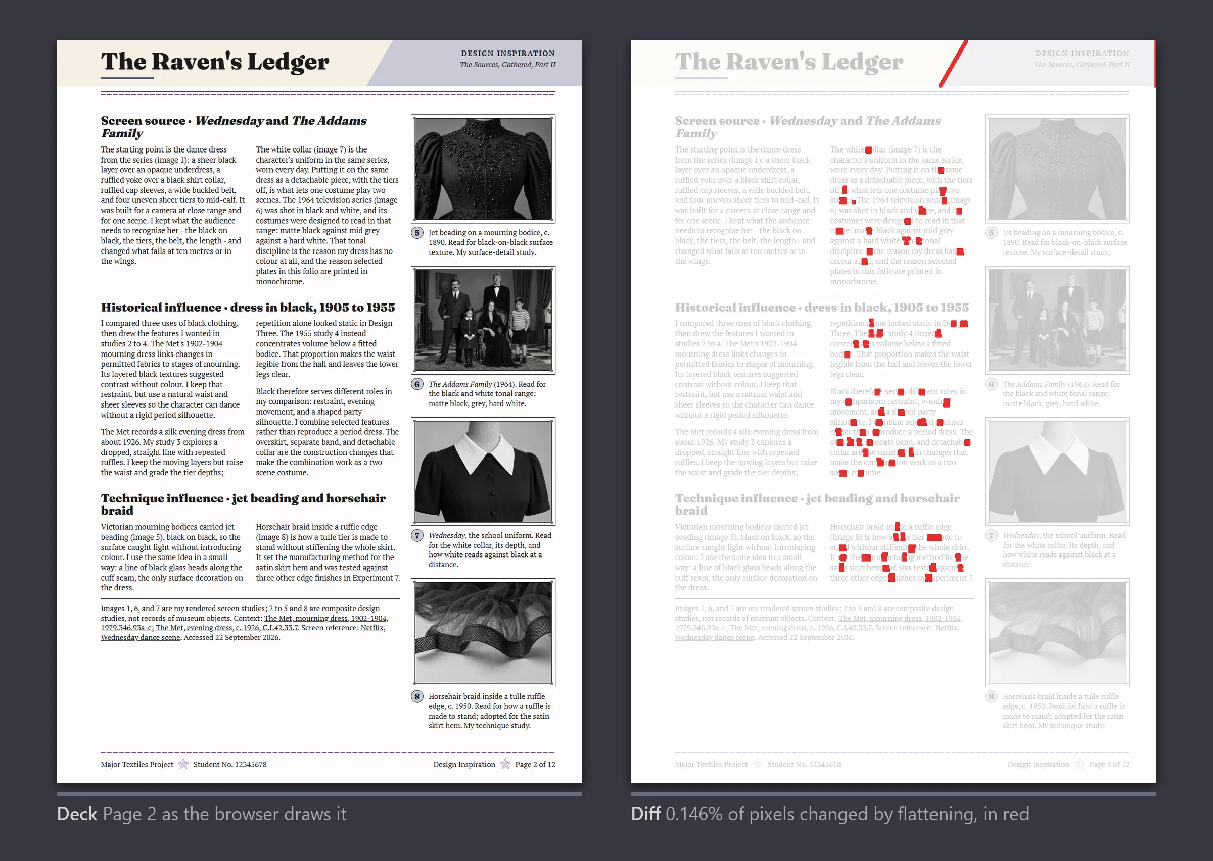 Page 2 beside a faded copy with the 0.146 per cent of pixels that flattening changed marked in red.