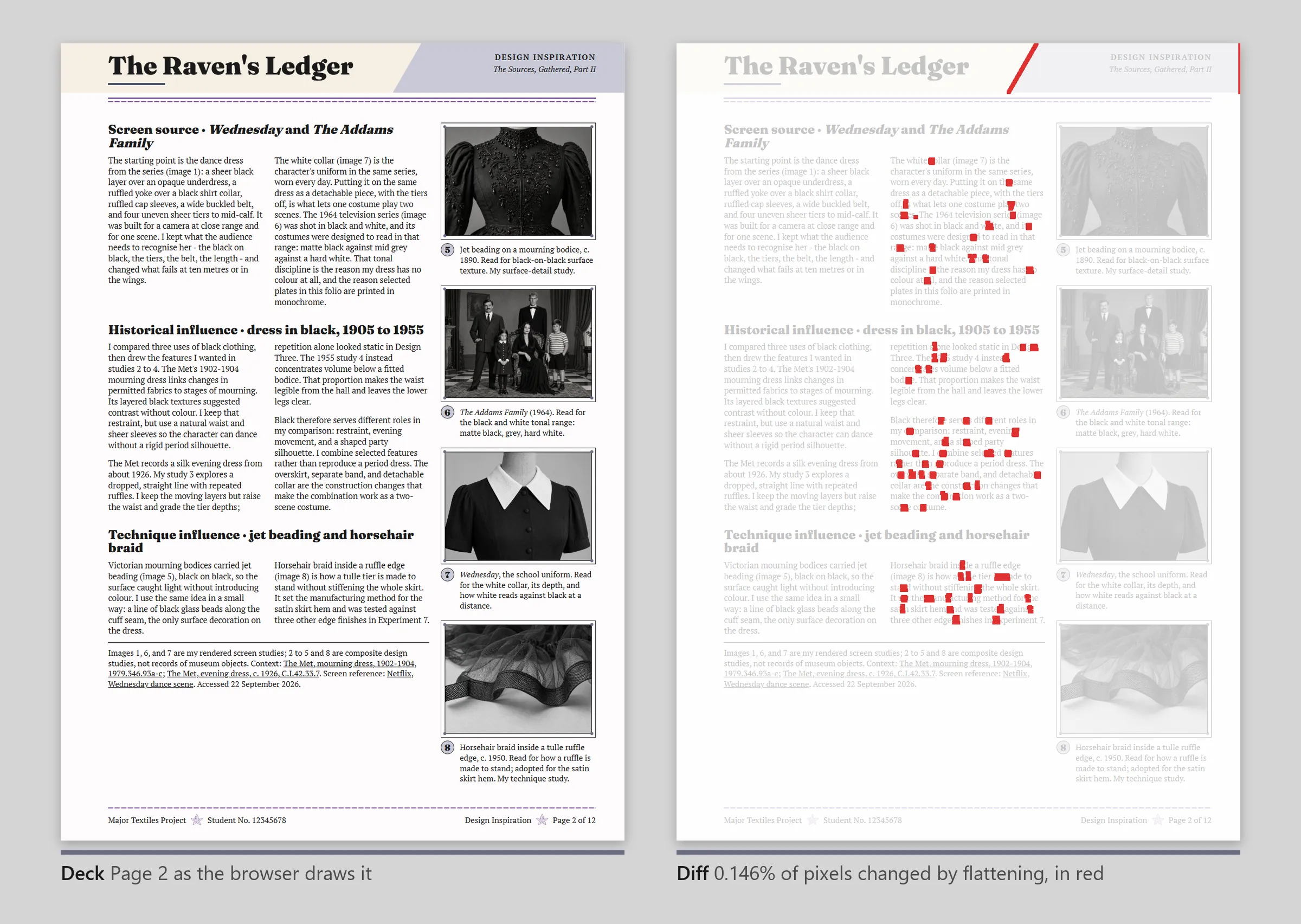Page 2 beside a faded copy with the 0.146 per cent of pixels that flattening changed marked in red.