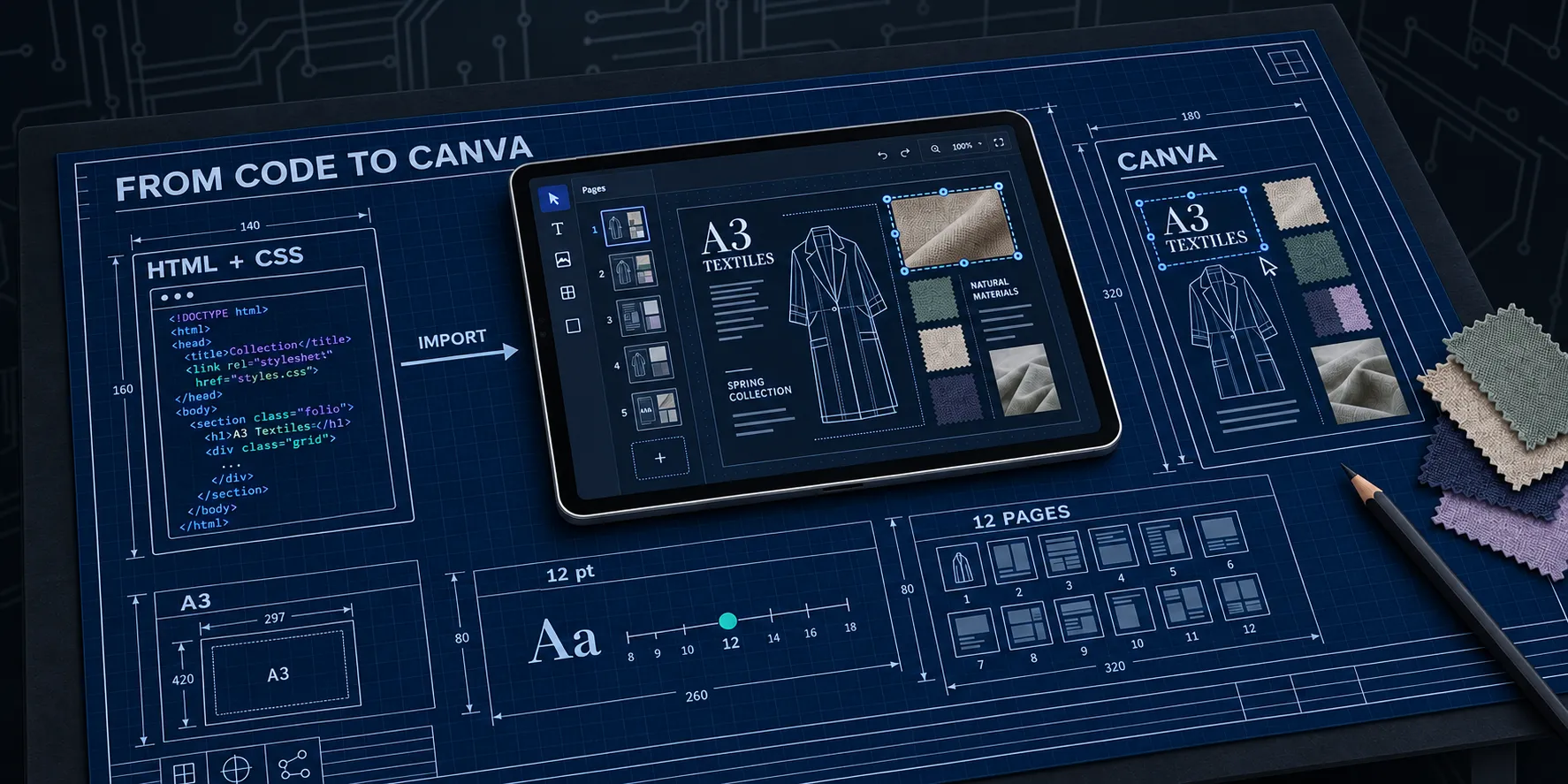 A blueprint and tablet show a coded textiles folio becoming an editable Canva design.