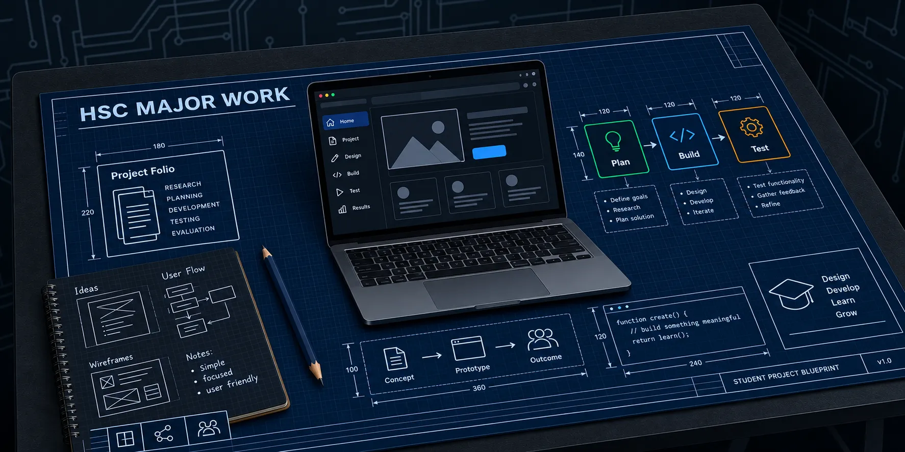 A blueprint of an HSC major work with a project folio, a laptop, and plan, build, and test steps.