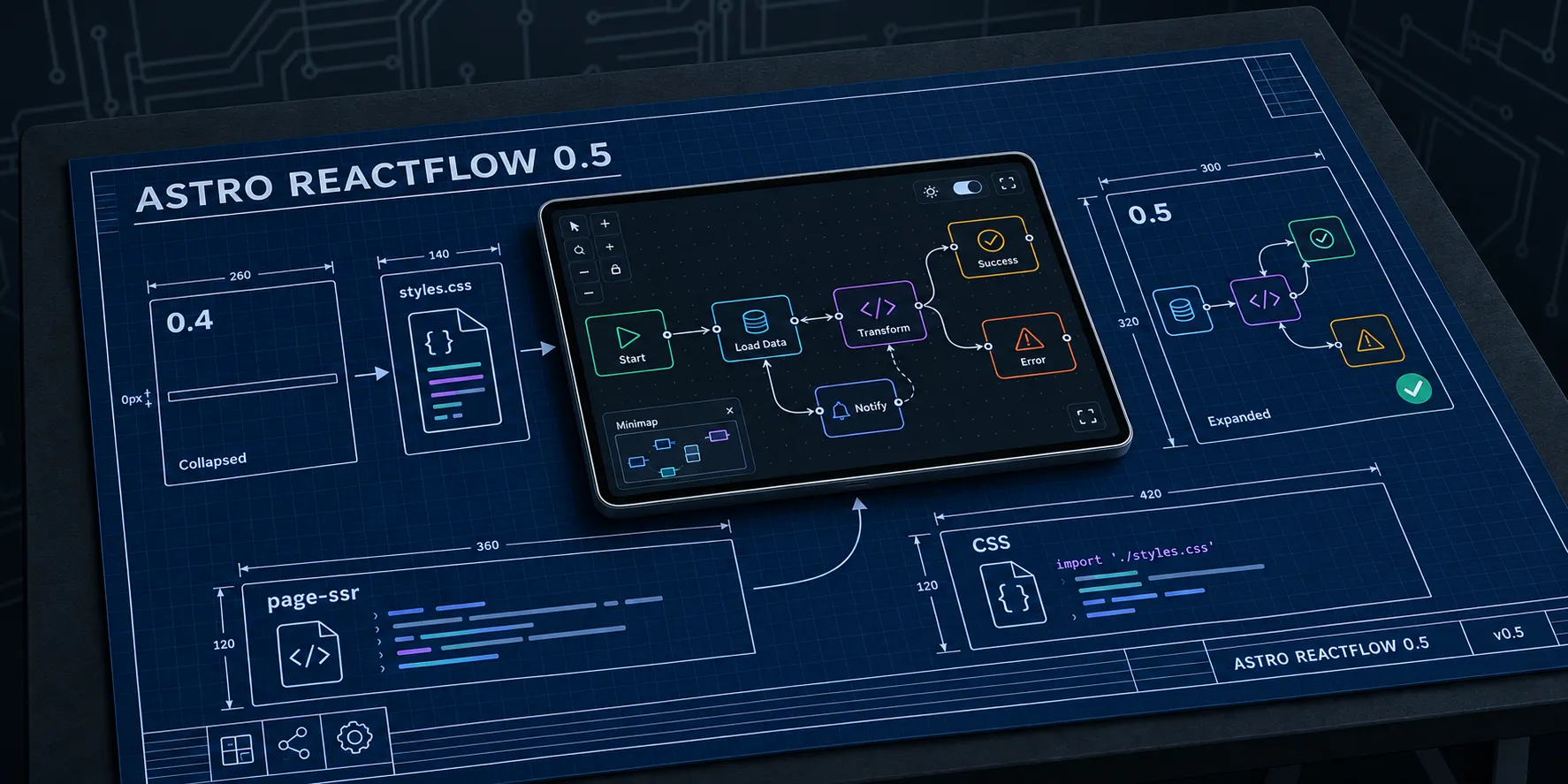 Codex's second hero: a blueprint on a desk showing 0.4 collapsed to 0px, styles.css, a tablet, and 0.5 expanded