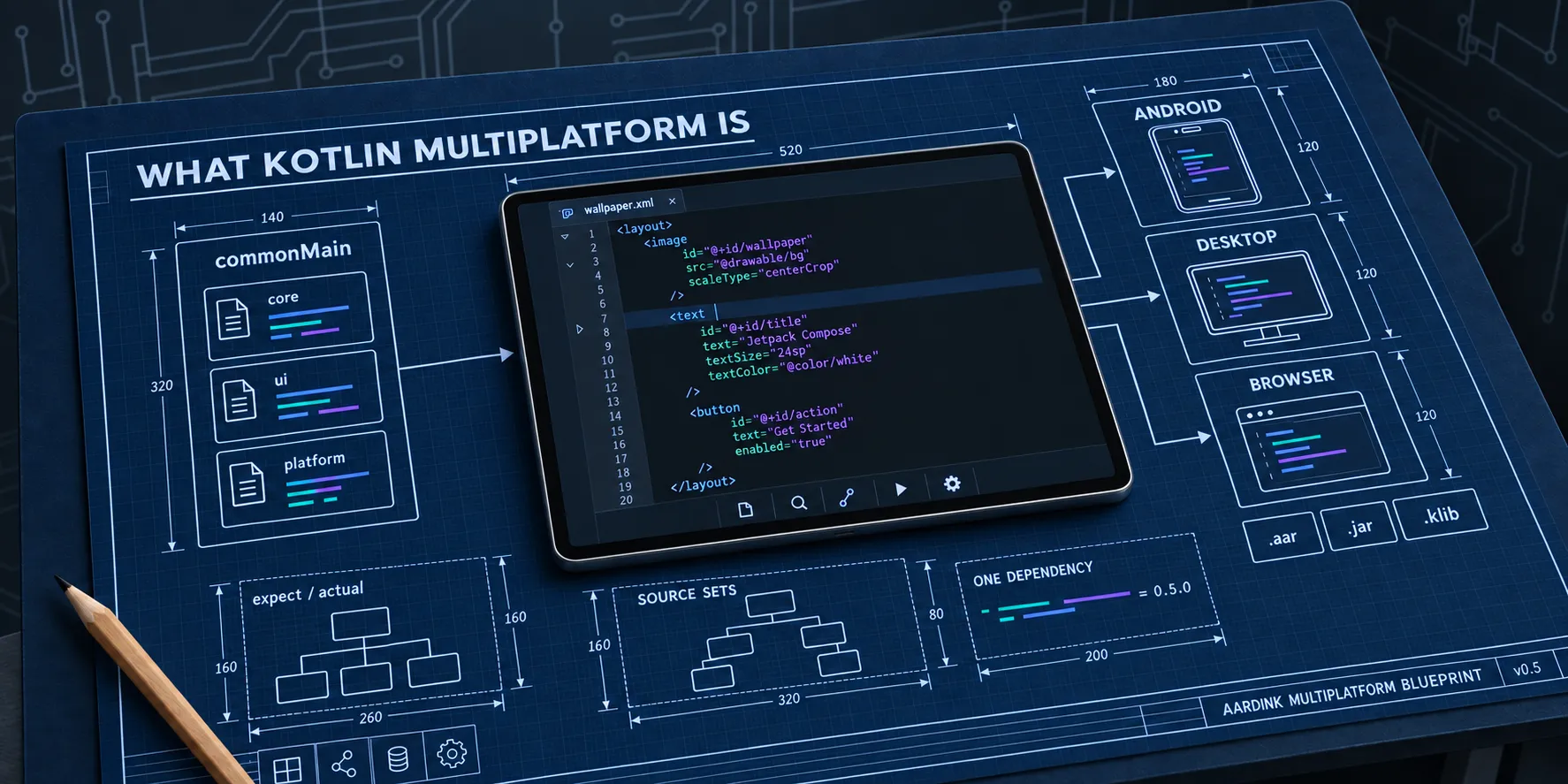 A blueprint shows one Kotlin codebase building the Aardink editor for Android, the desktop, and the browser.