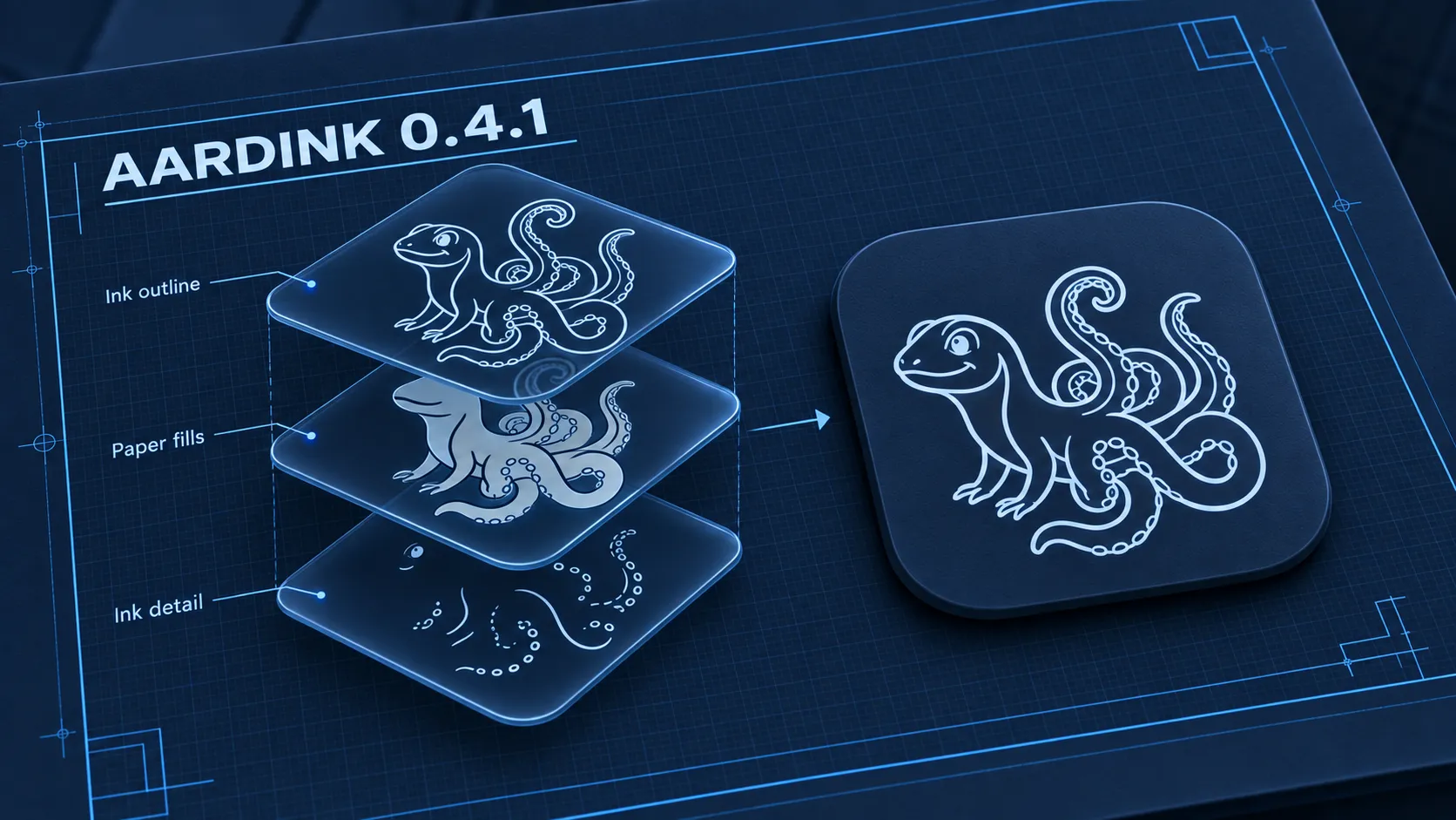 Aardink mascot split into ink outline, paper fill, and ink detail layers beside the assembled app icon