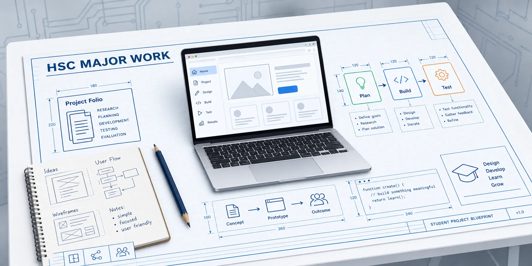 A blueprint of an HSC major work with a project folio, a laptop, and plan, build, and test steps.