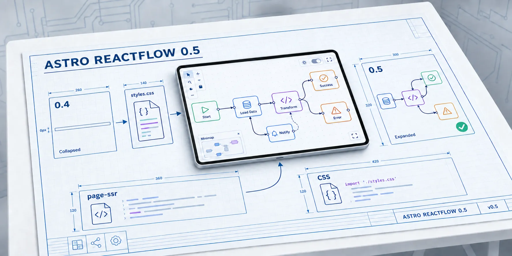 Codex's second hero: a blueprint on a desk showing 0.4 collapsed to 0px, styles.css, a tablet, and 0.5 expanded