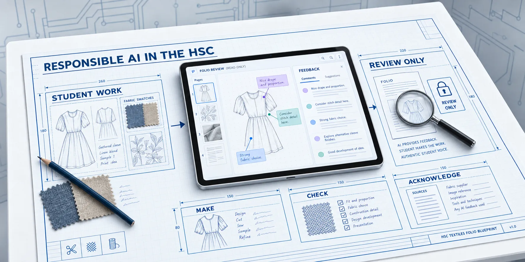 A blueprint shows student work, an AI folio review on a tablet, and make, check, and acknowledge steps.