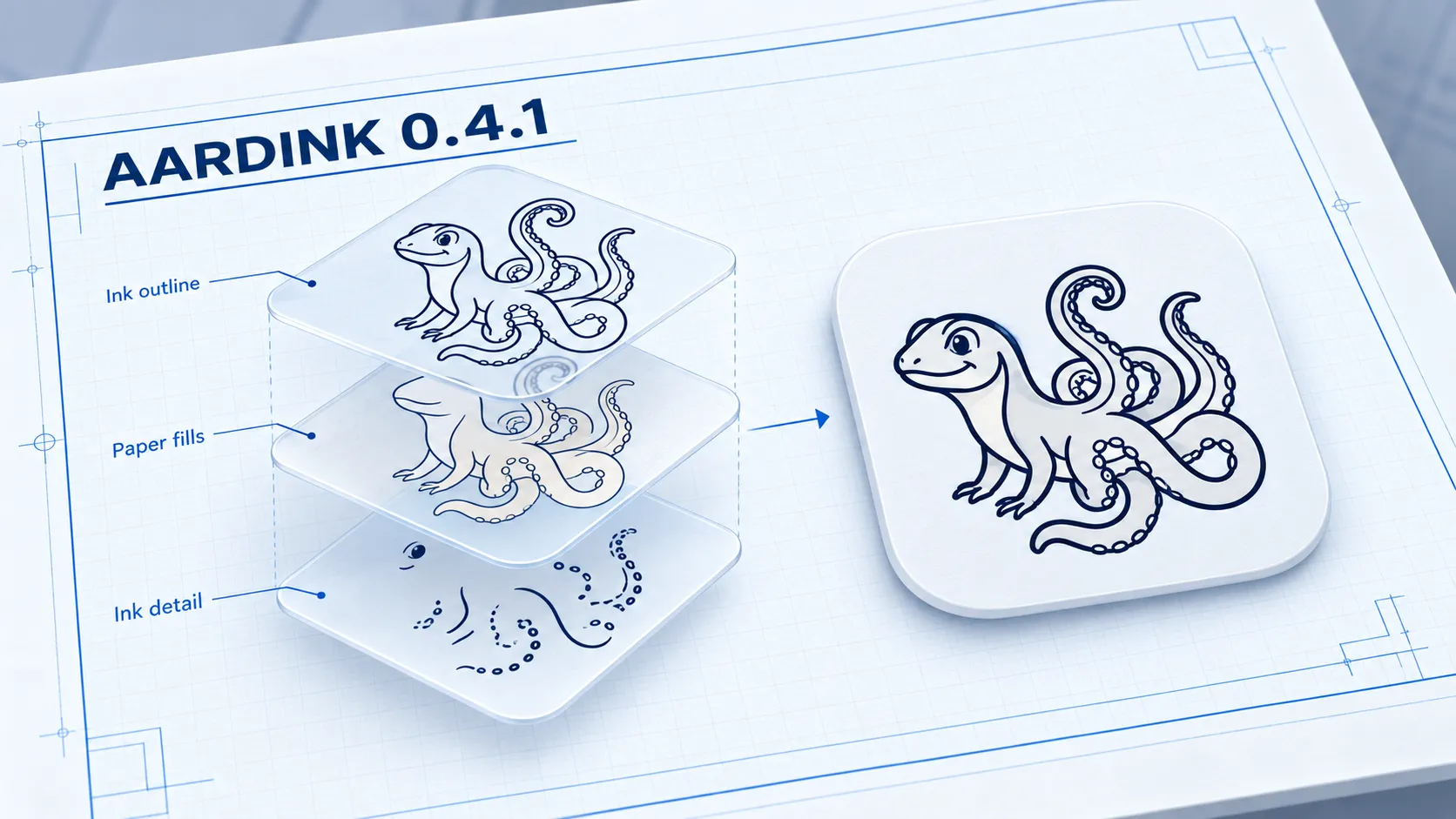 Aardink mascot split into ink outline, paper fill, and ink detail layers beside the assembled app icon