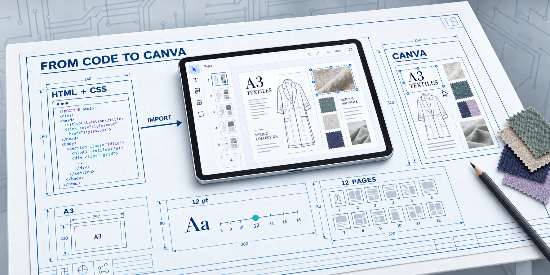 A blueprint and tablet show a coded textiles folio becoming an editable Canva design.