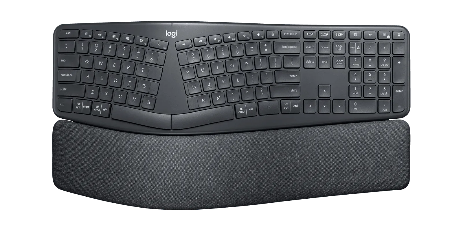 Logitech ERGO K860 ergonomic keyboard with a curved split layout and palm rest