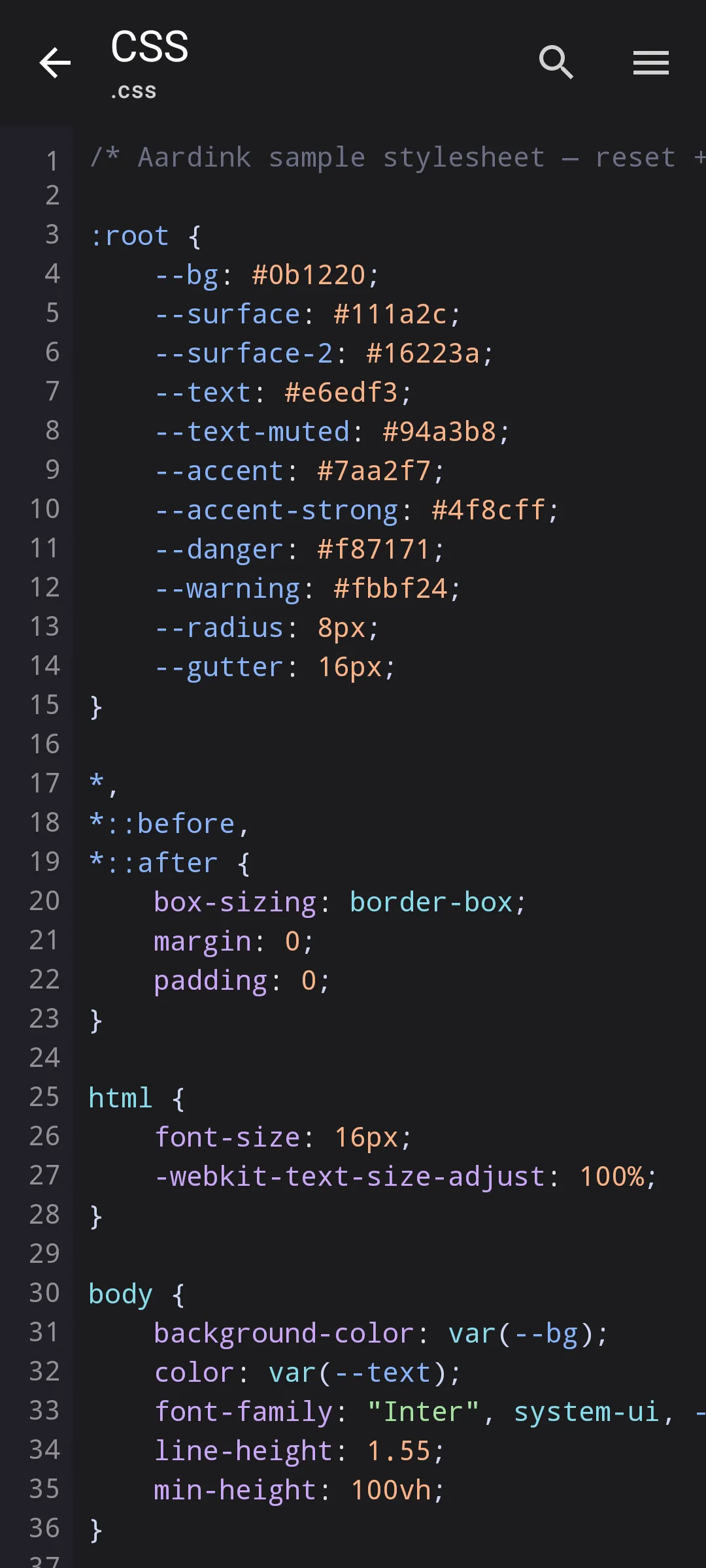 Aardink editor showing CSS in the Material Dark theme
