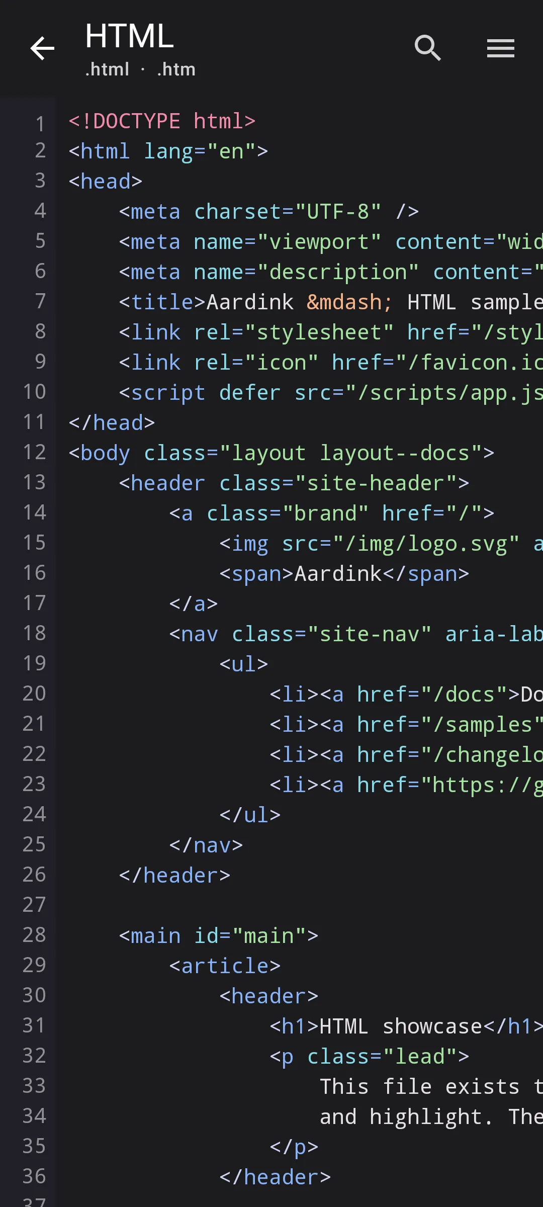 Aardink editor showing HTML in the Material Dark theme