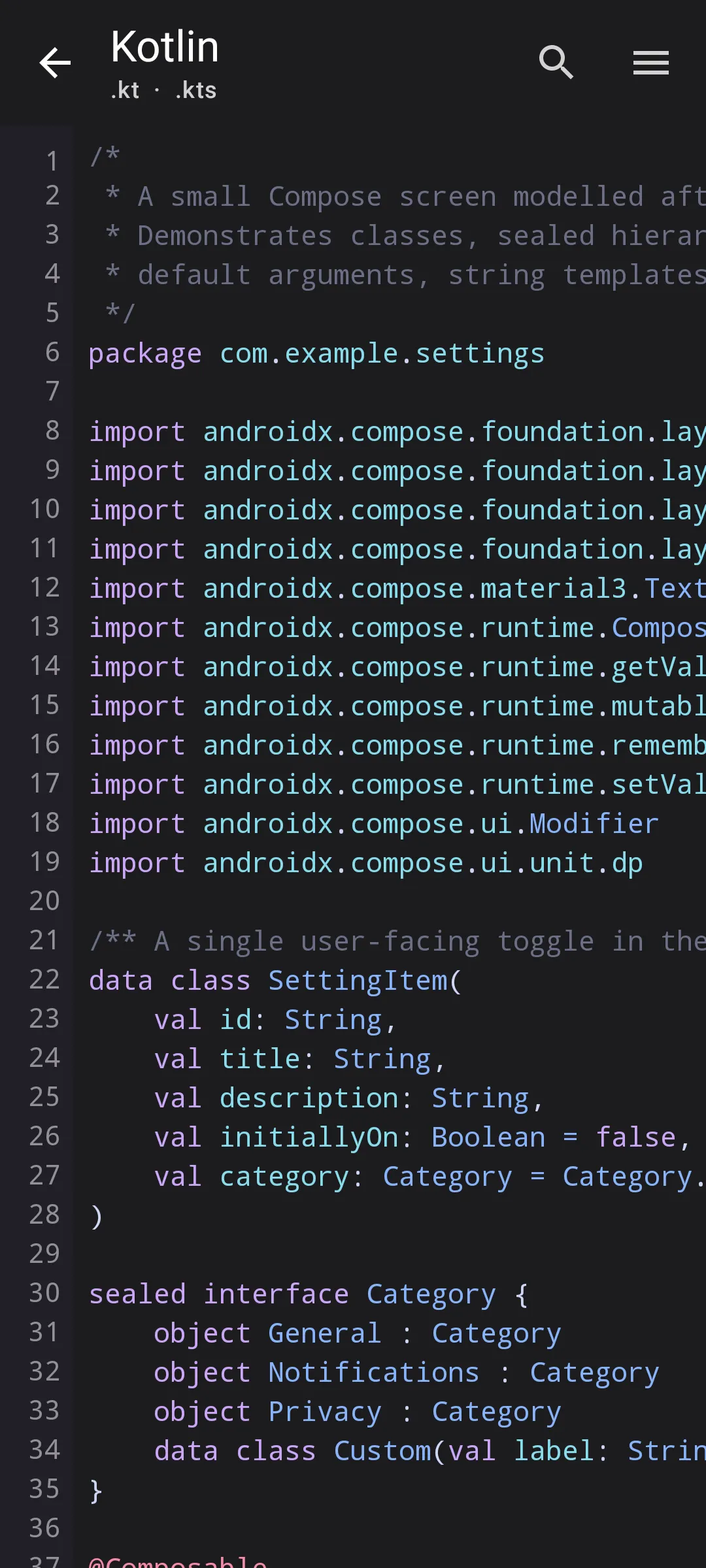Aardink editor showing Kotlin in the Material Dark theme