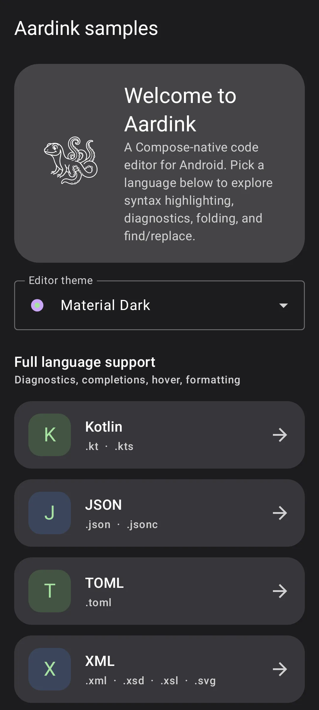 Aardink editor showing Start screen in the Material Dark theme