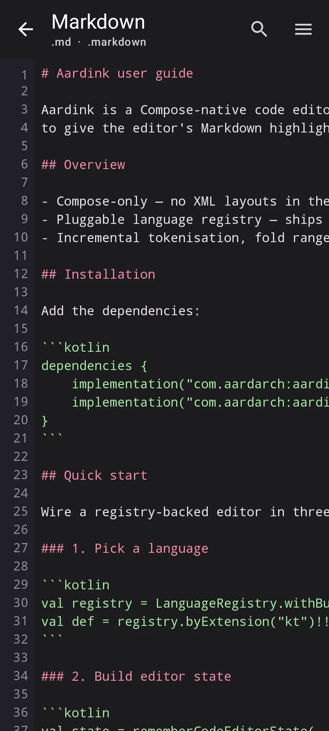 Aardink editor showing Markdown in the Material Dark theme