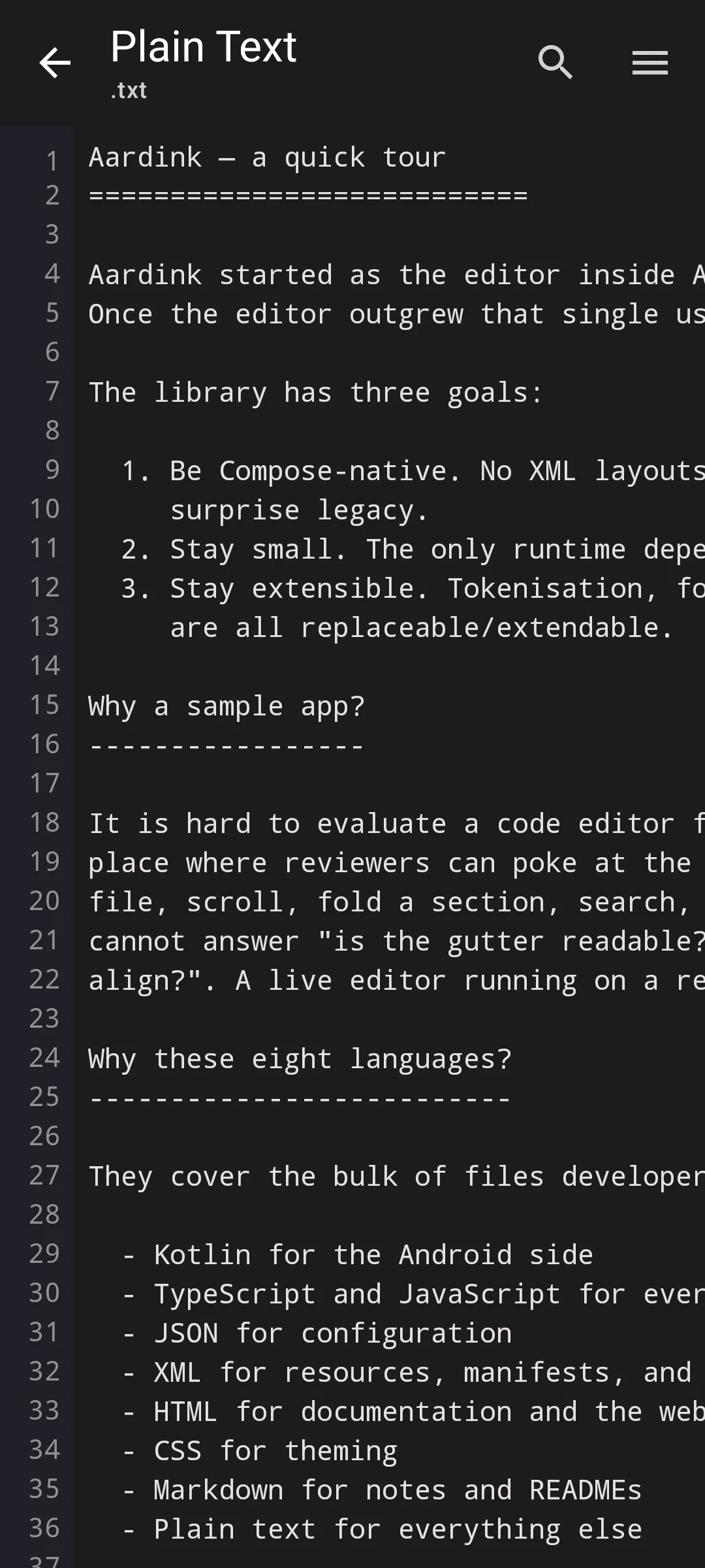 Aardink editor showing Plain text in the Material Dark theme