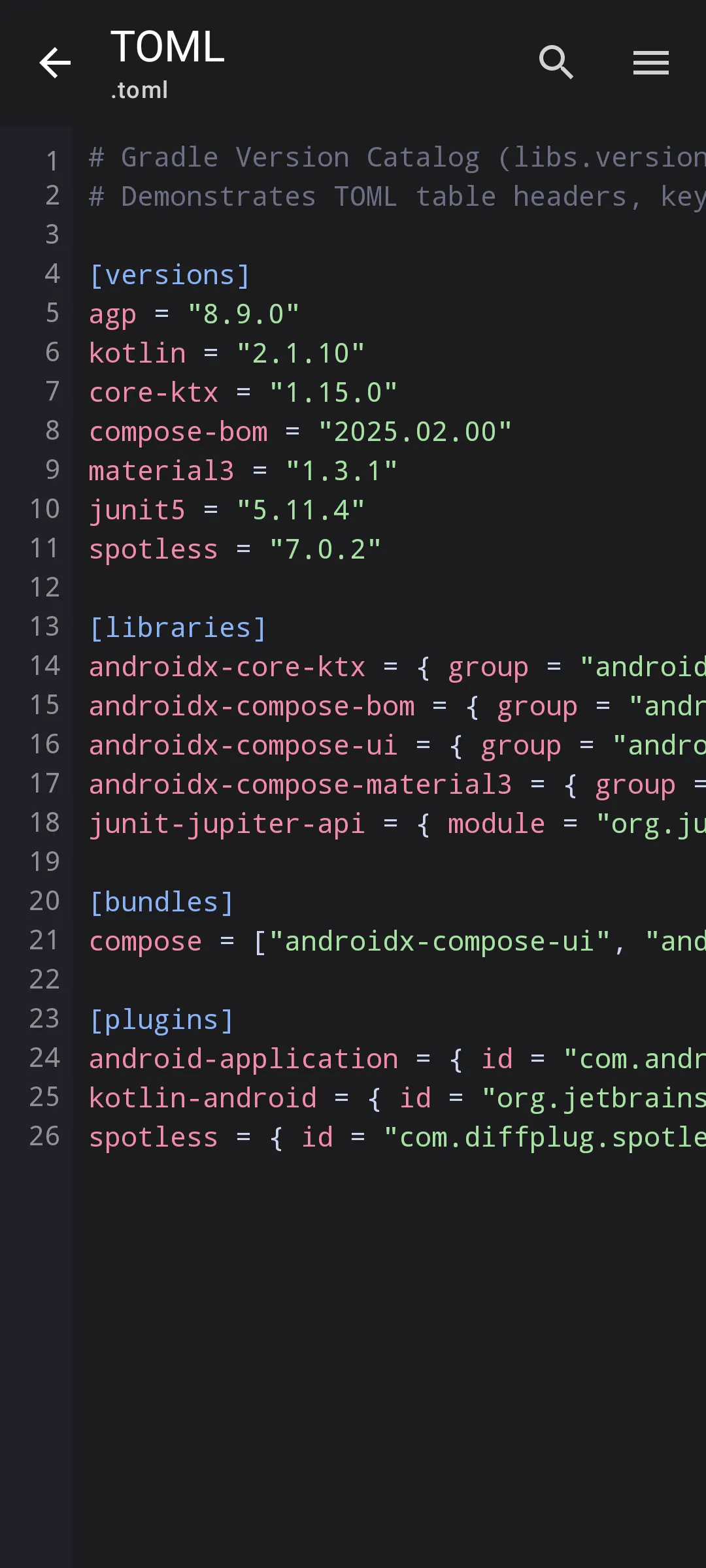 Aardink editor showing TOML in the Material Dark theme