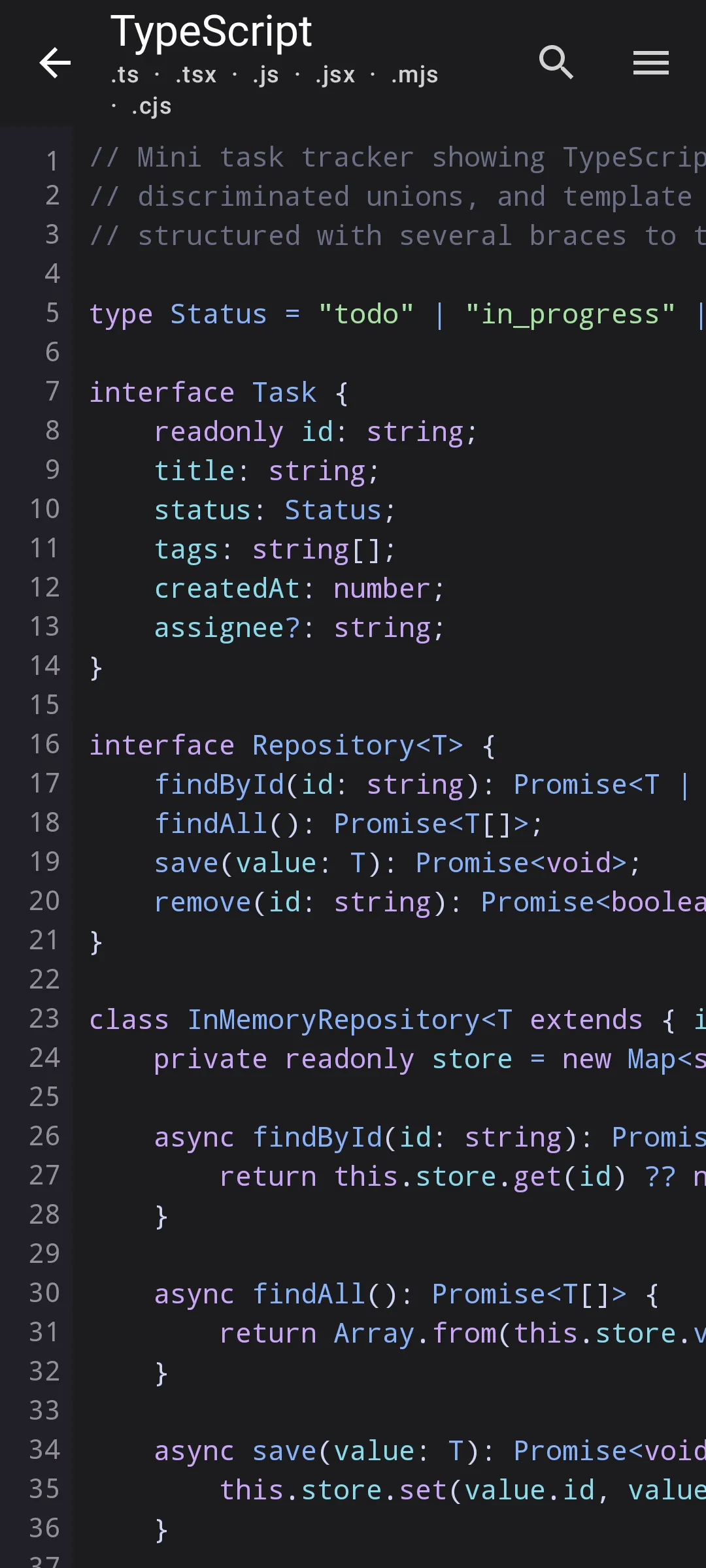 Aardink editor showing TypeScript in the Material Dark theme