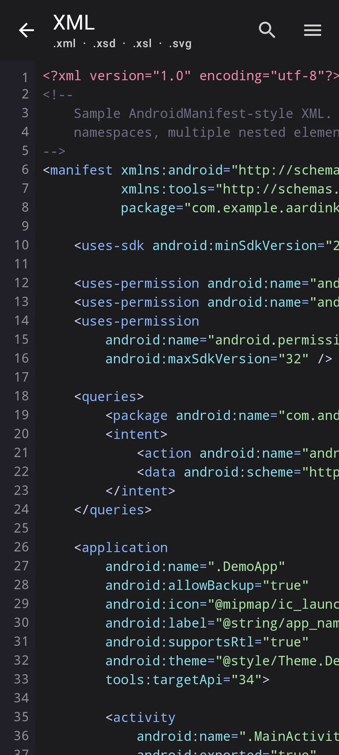 Aardink editor showing XML in the Material Dark theme