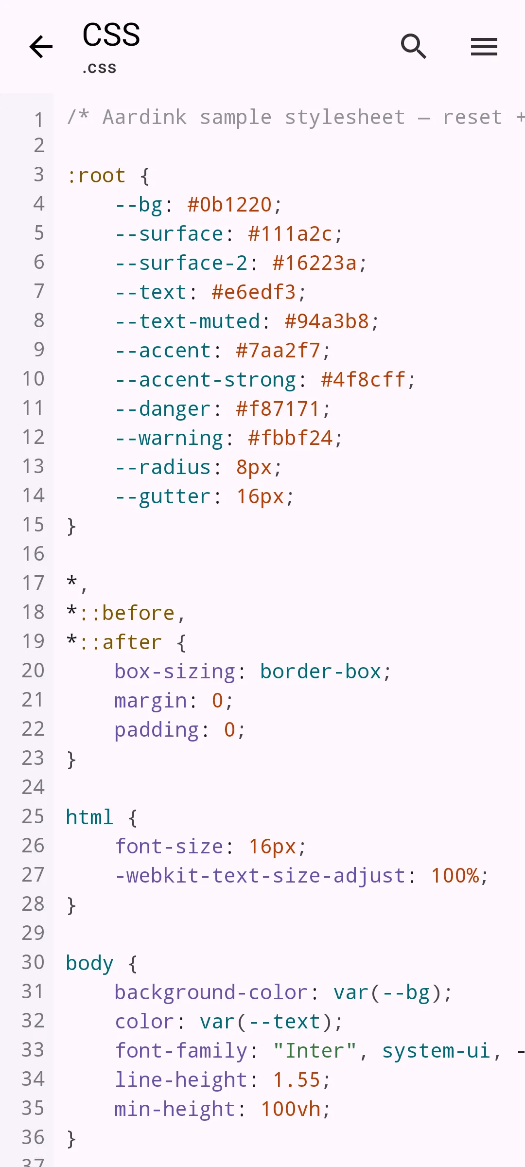Aardink editor showing CSS in the Material Light theme