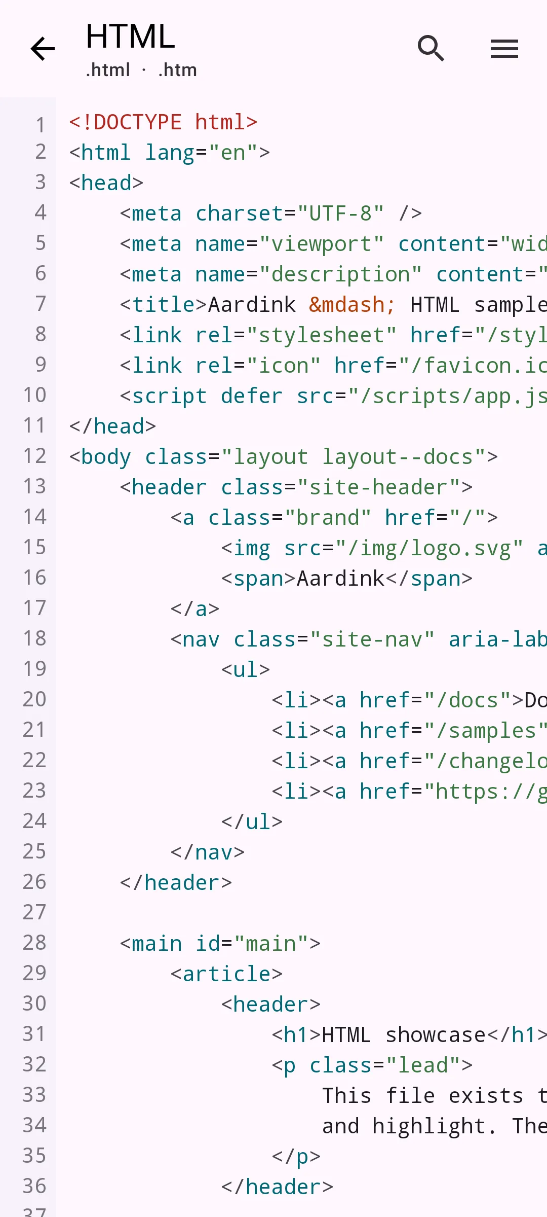 Aardink editor showing HTML in the Material Light theme