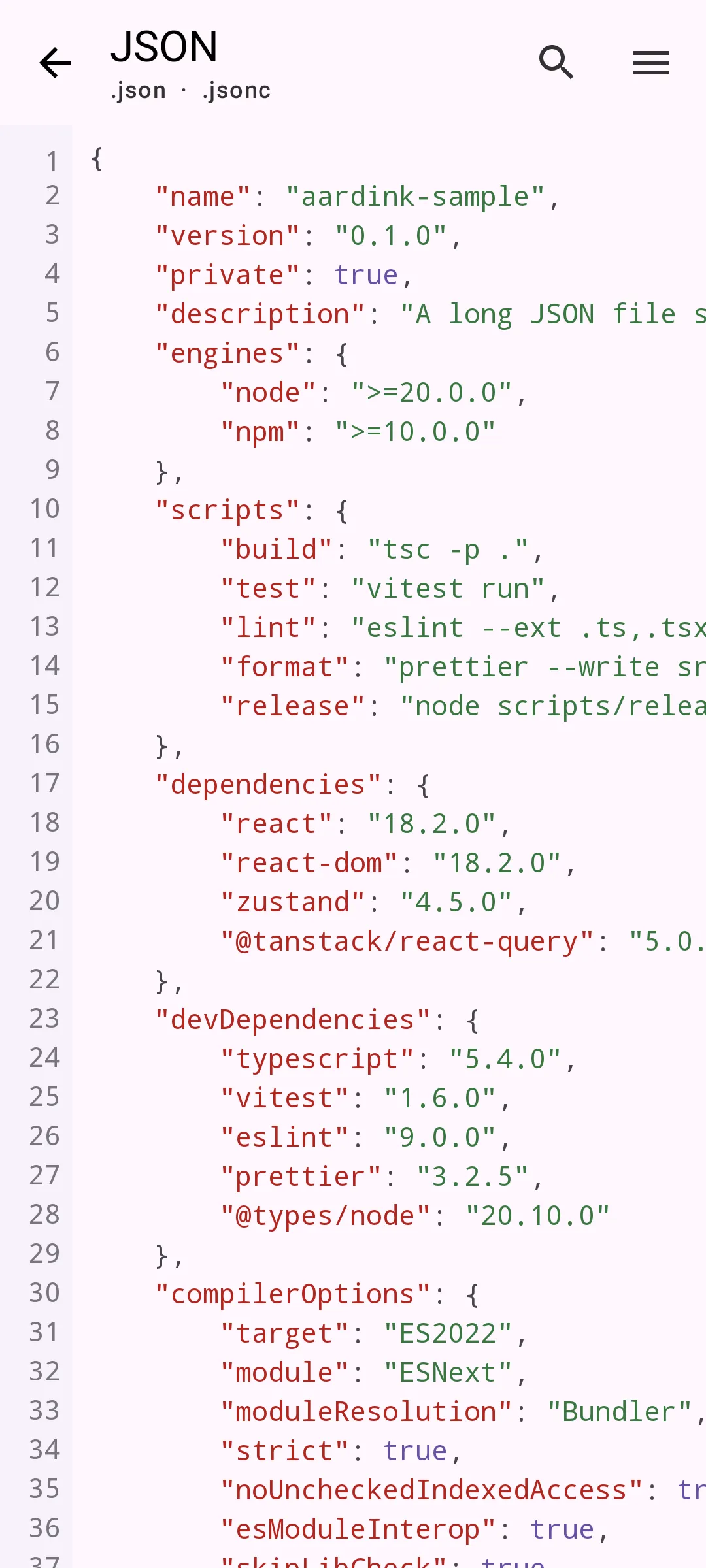 Aardink editor showing JSON in the Material Light theme