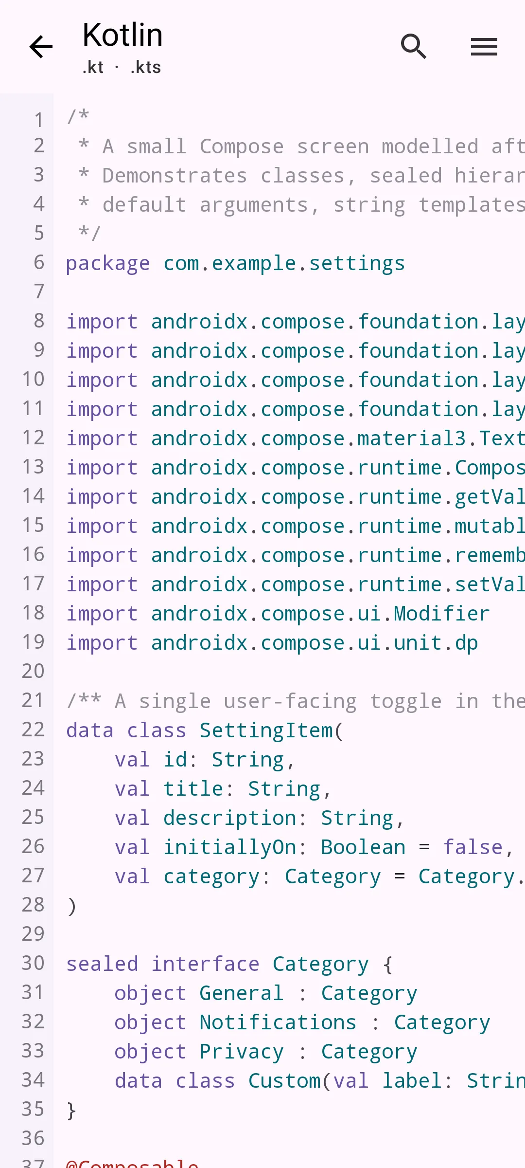 Aardink editor showing Kotlin in the Material Light theme