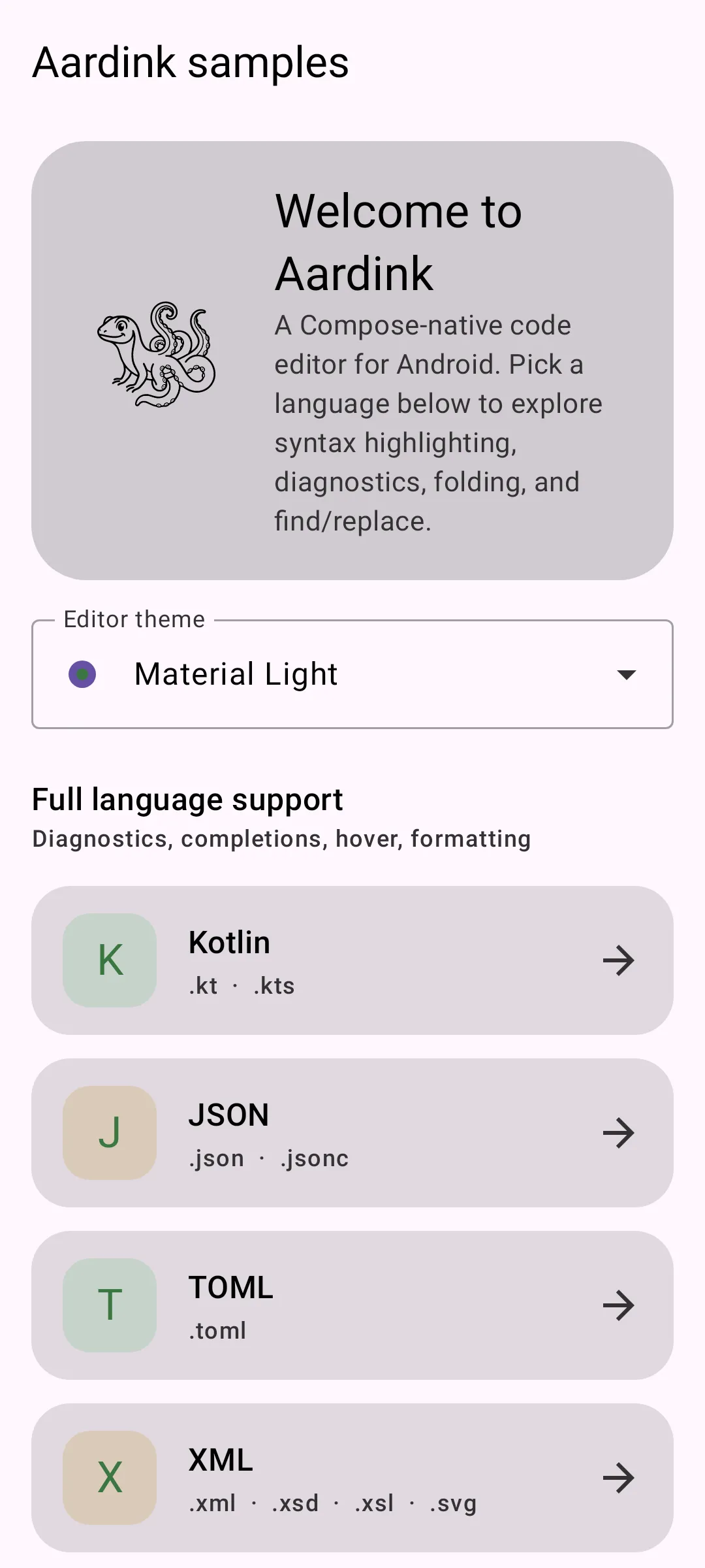 Aardink editor showing Start screen in the Material Light theme