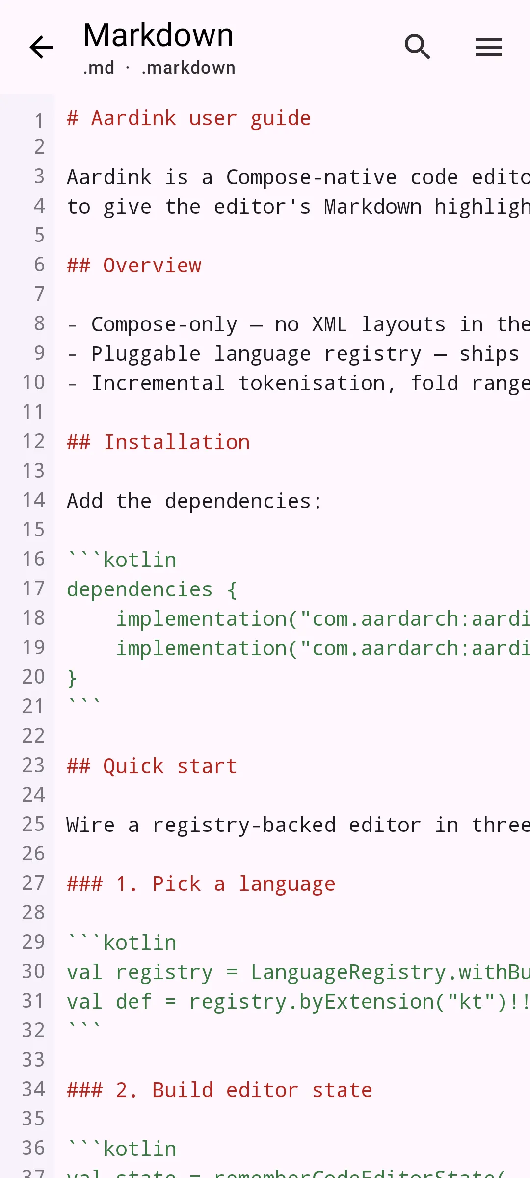 Aardink editor showing Markdown in the Material Light theme