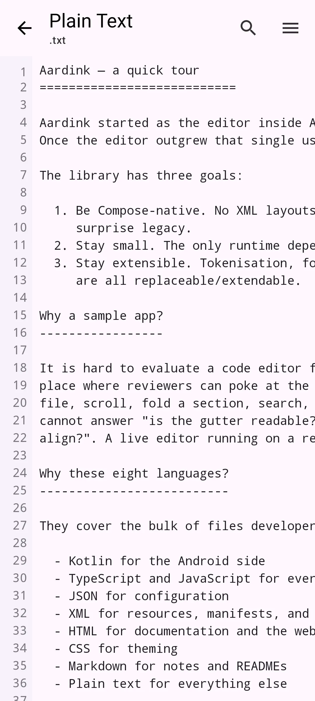 Aardink editor showing Plain text in the Material Light theme