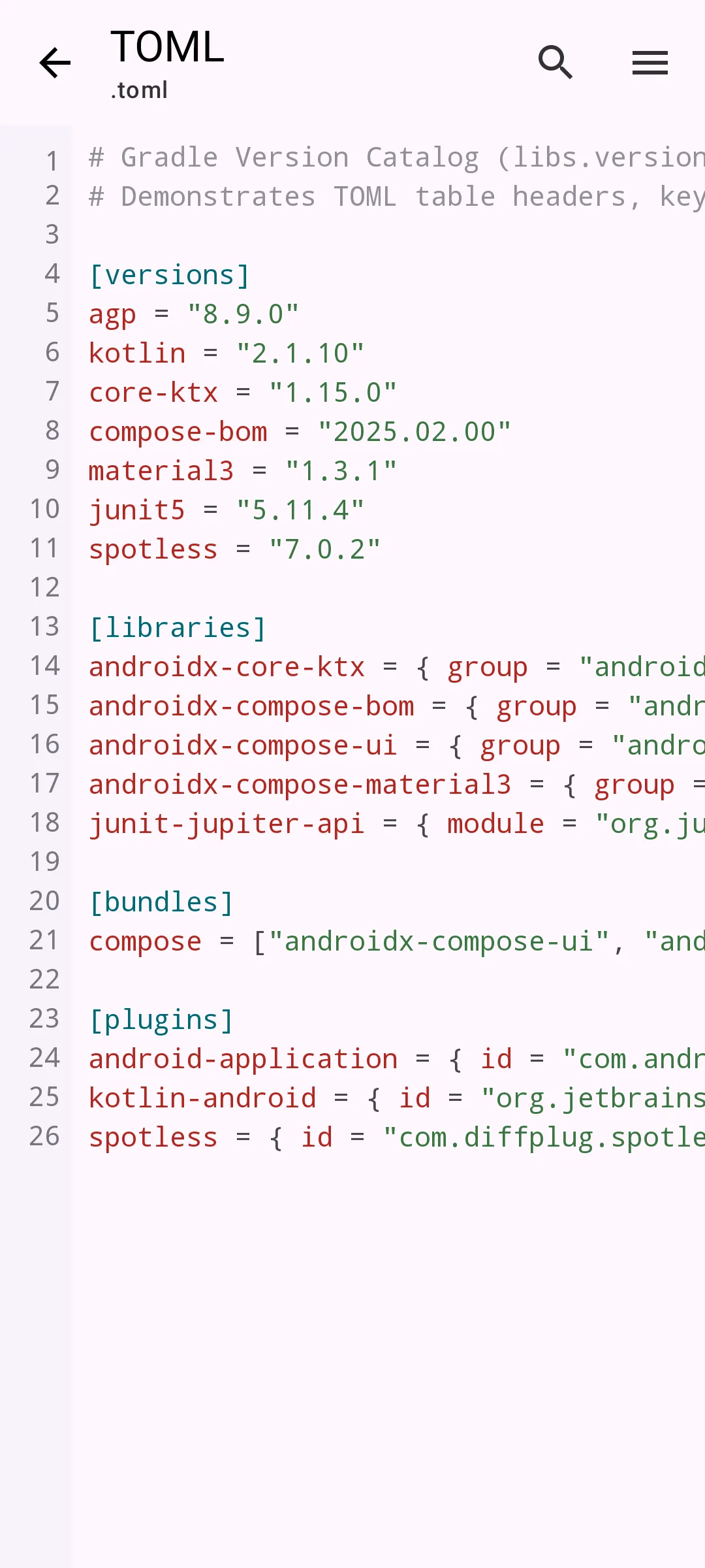 Aardink editor showing TOML in the Material Light theme
