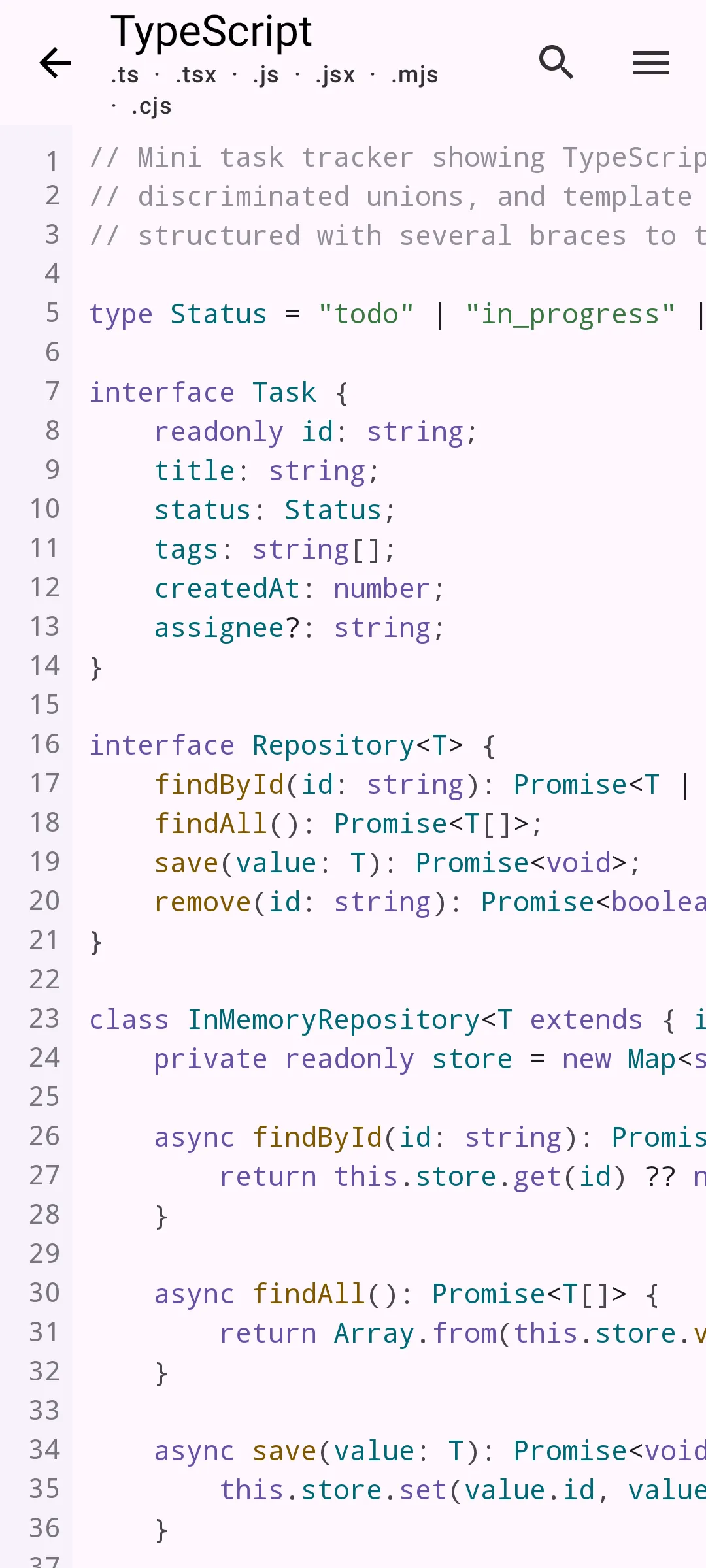 Aardink editor showing TypeScript in the Material Light theme