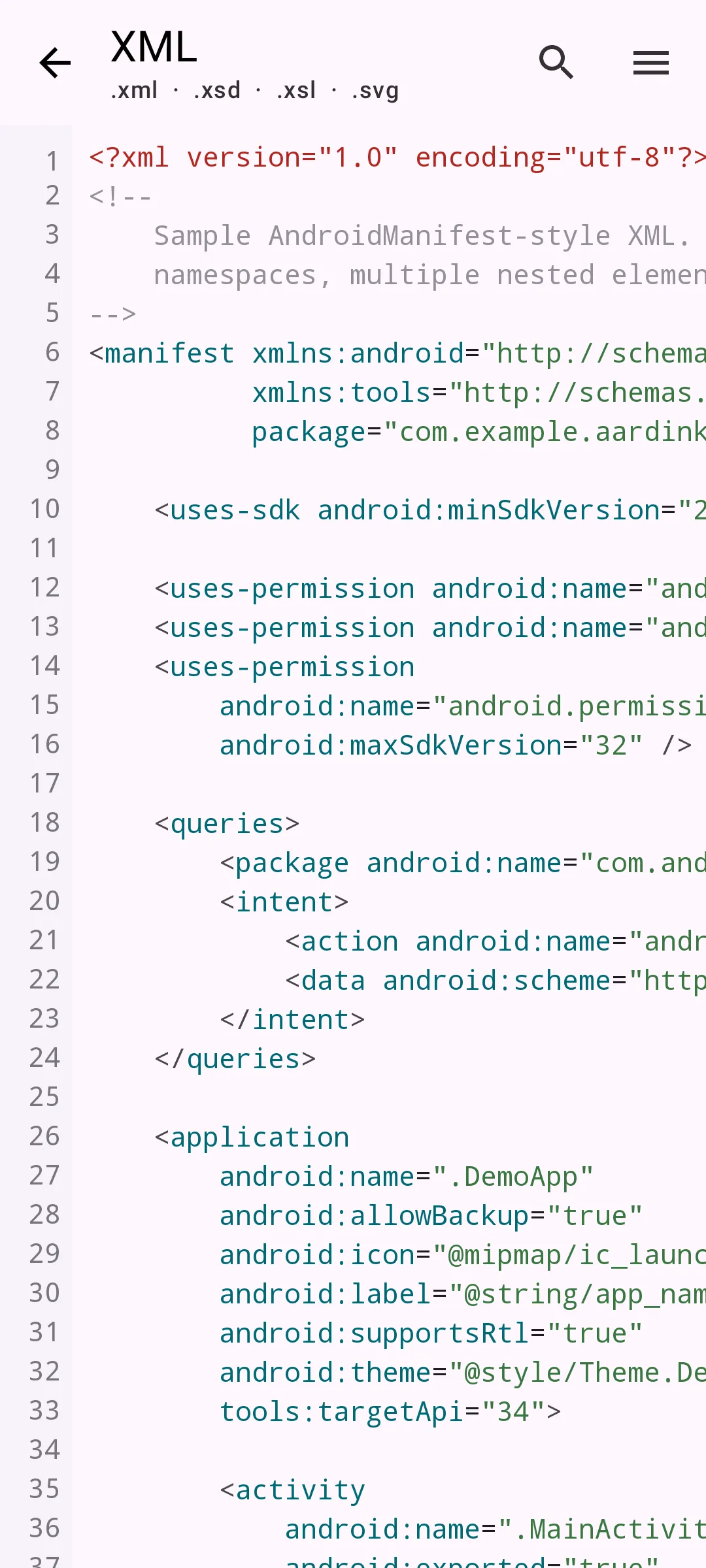 Aardink editor showing XML in the Material Light theme