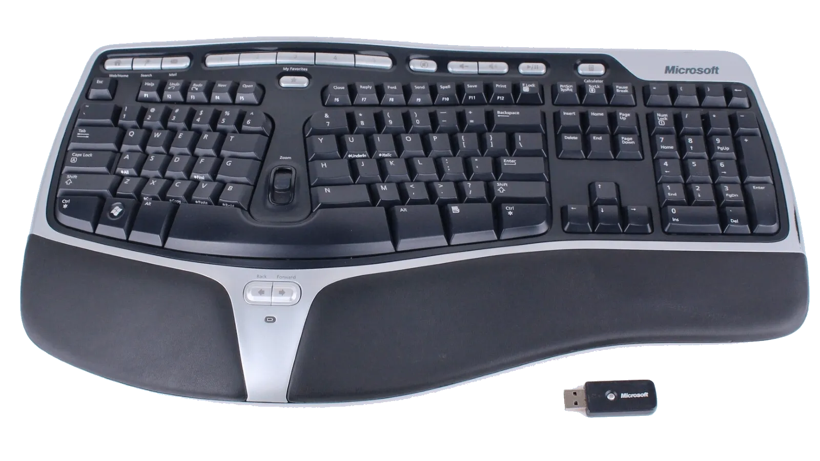 Microsoft Natural Wireless Ergonomic Keyboard 7000, a wireless split keyboard with a USB receiver