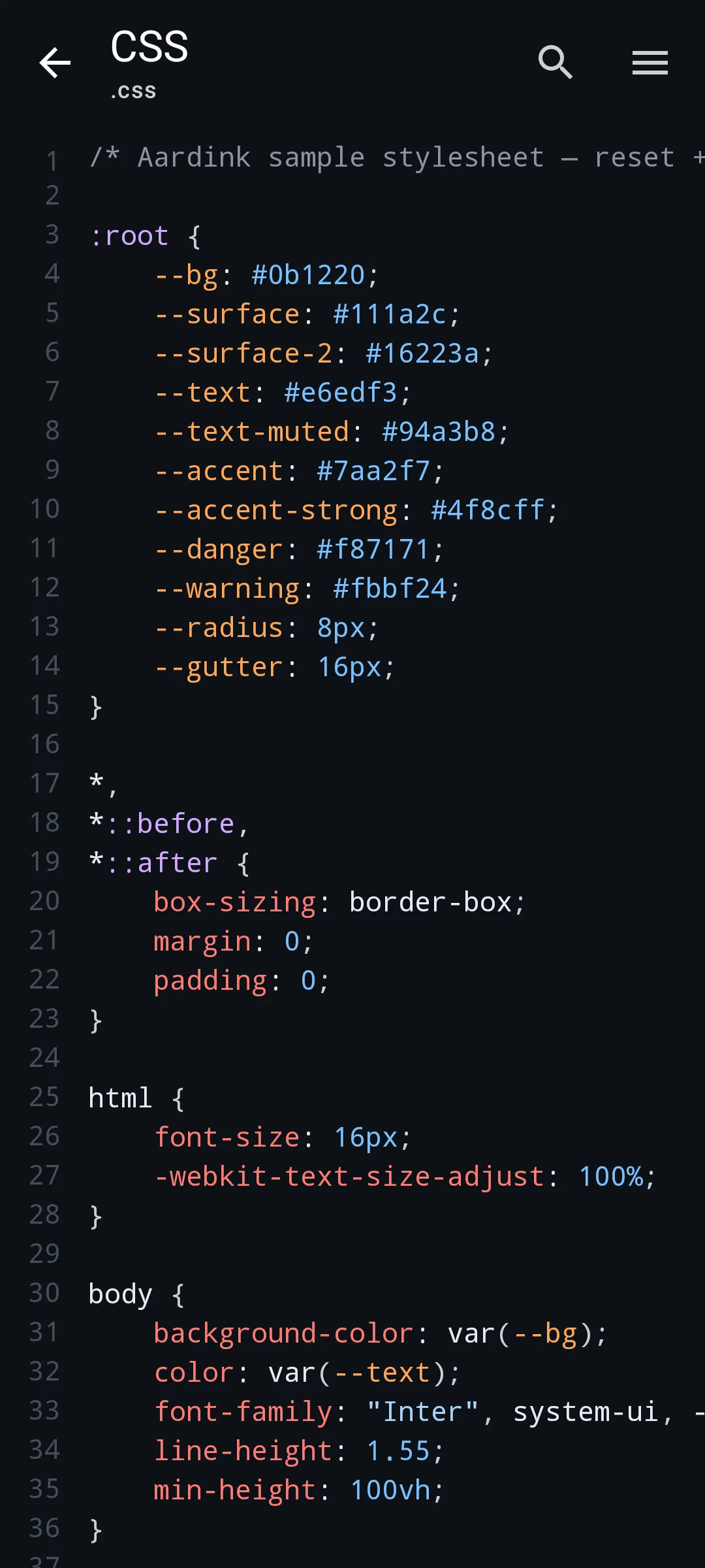 Aardink editor showing CSS in the Midnight Ocean theme