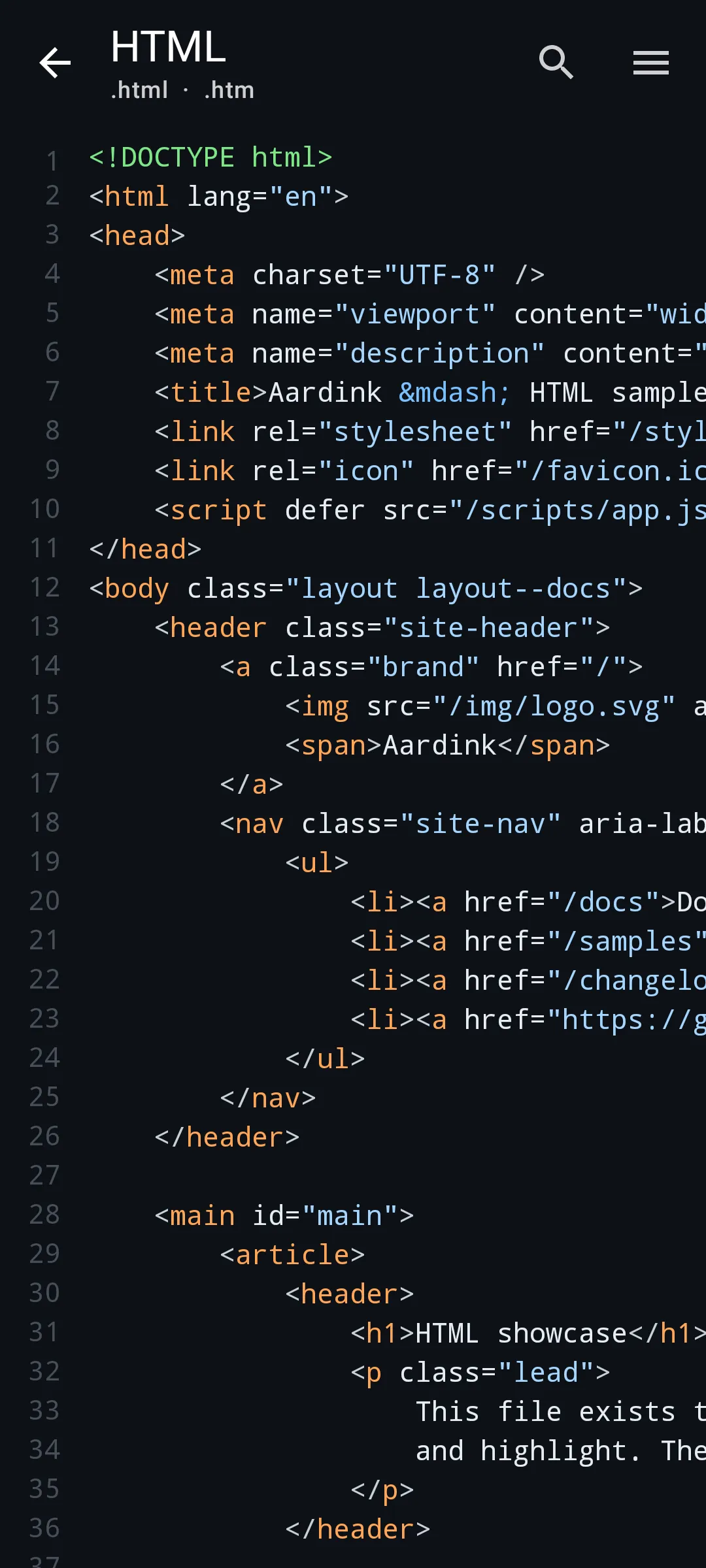 Aardink editor showing HTML in the Midnight Ocean theme