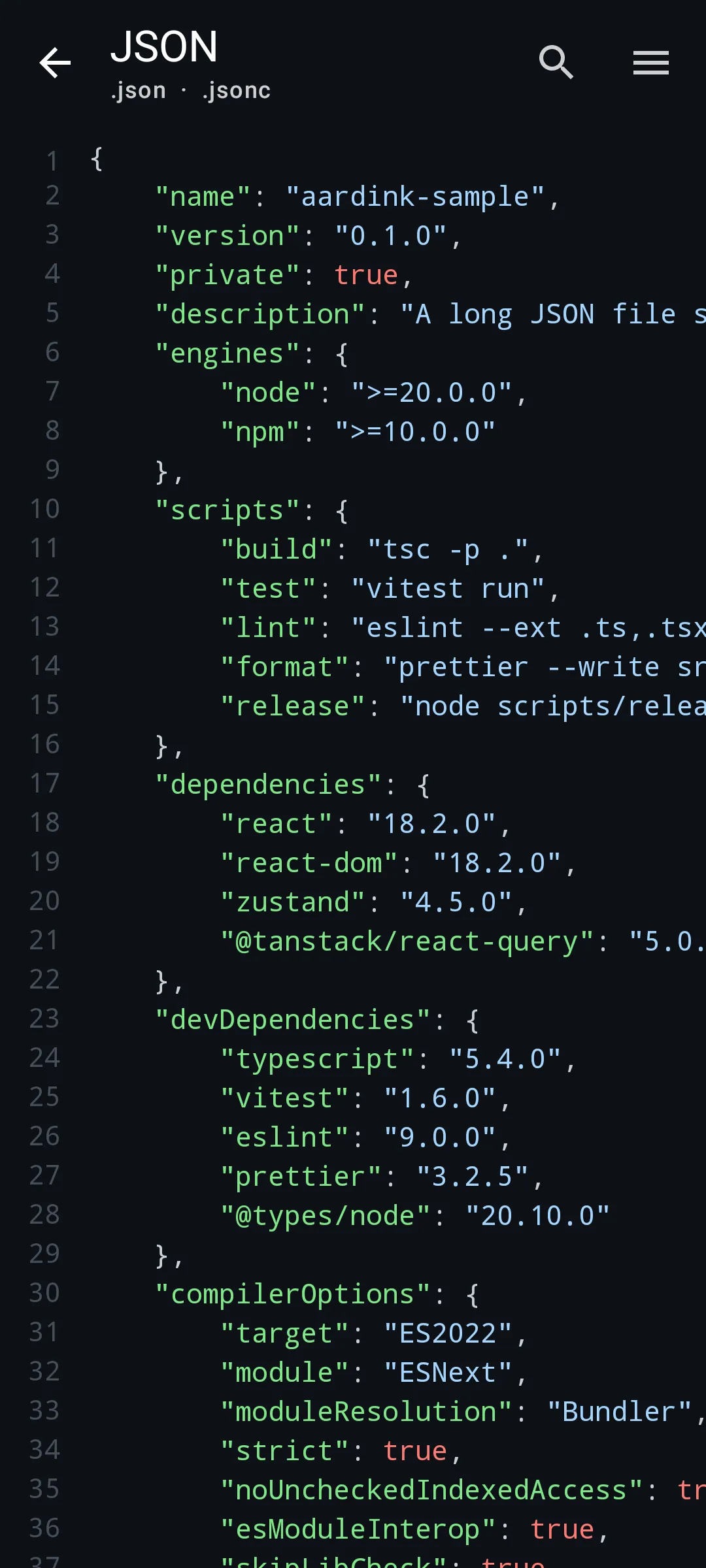 Aardink editor showing JSON in the Midnight Ocean theme