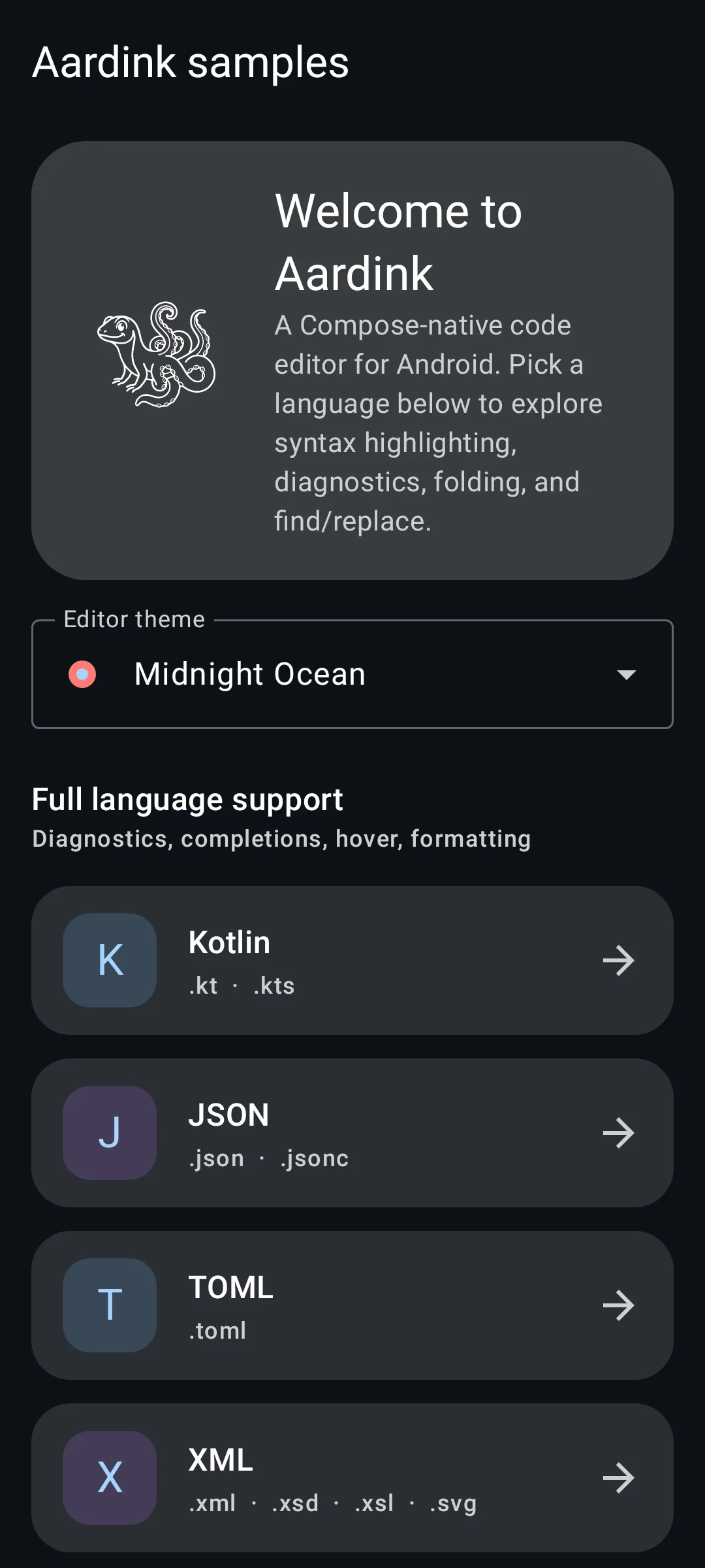 Aardink editor showing Start screen in the Midnight Ocean theme