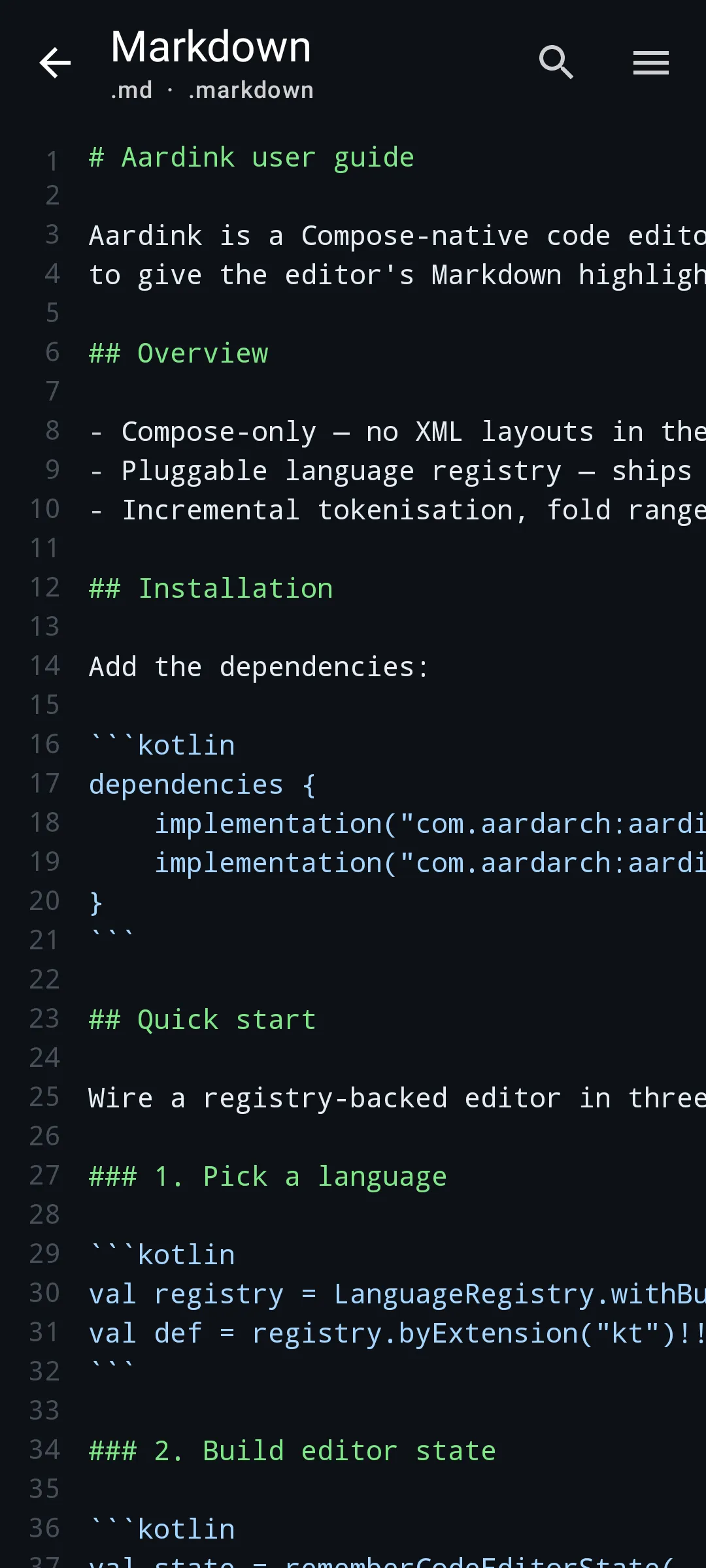 Aardink editor showing Markdown in the Midnight Ocean theme