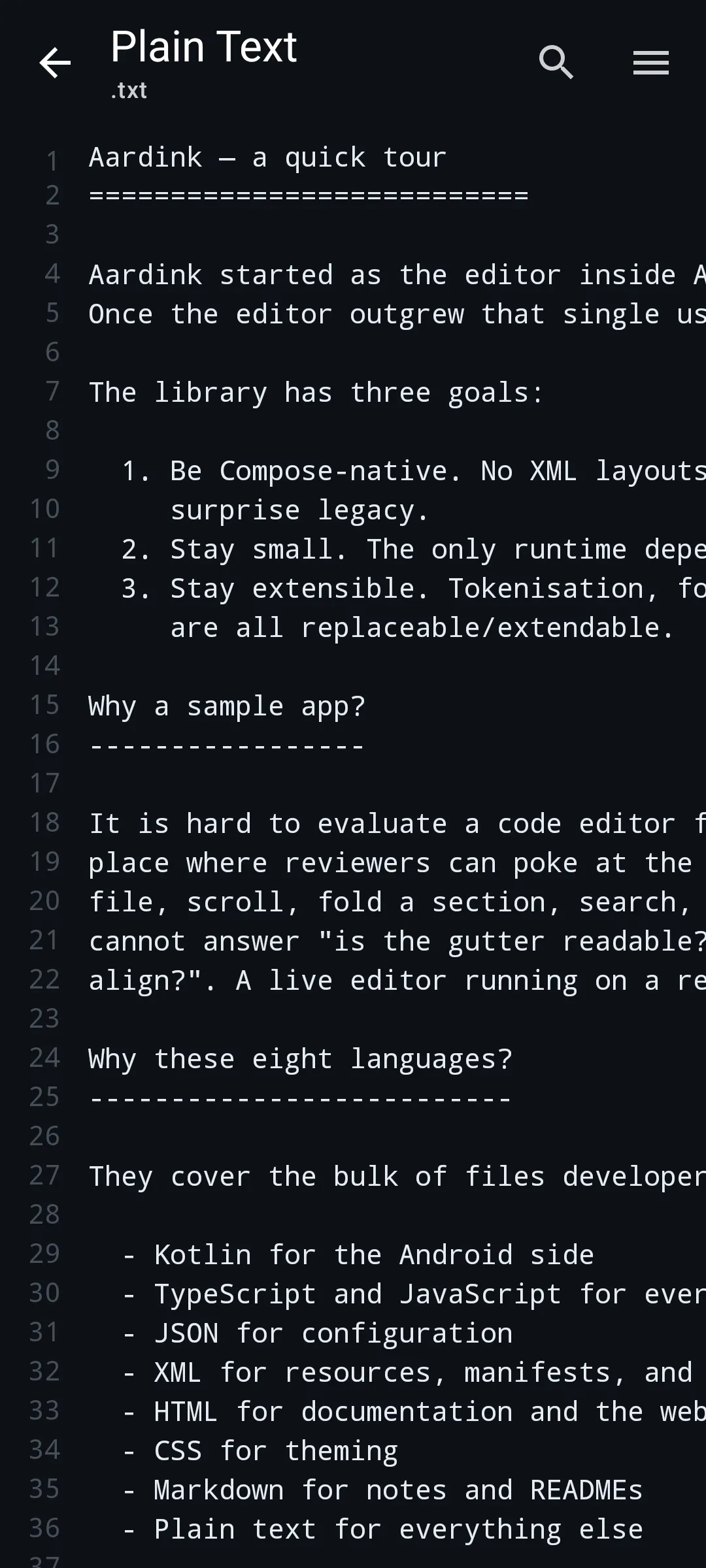 Aardink editor showing Plain text in the Midnight Ocean theme