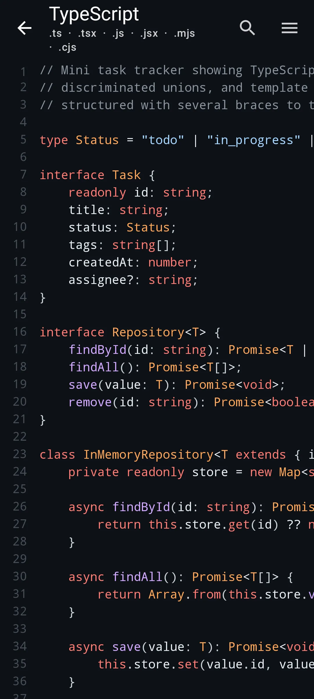 Aardink editor showing TypeScript in the Midnight Ocean theme