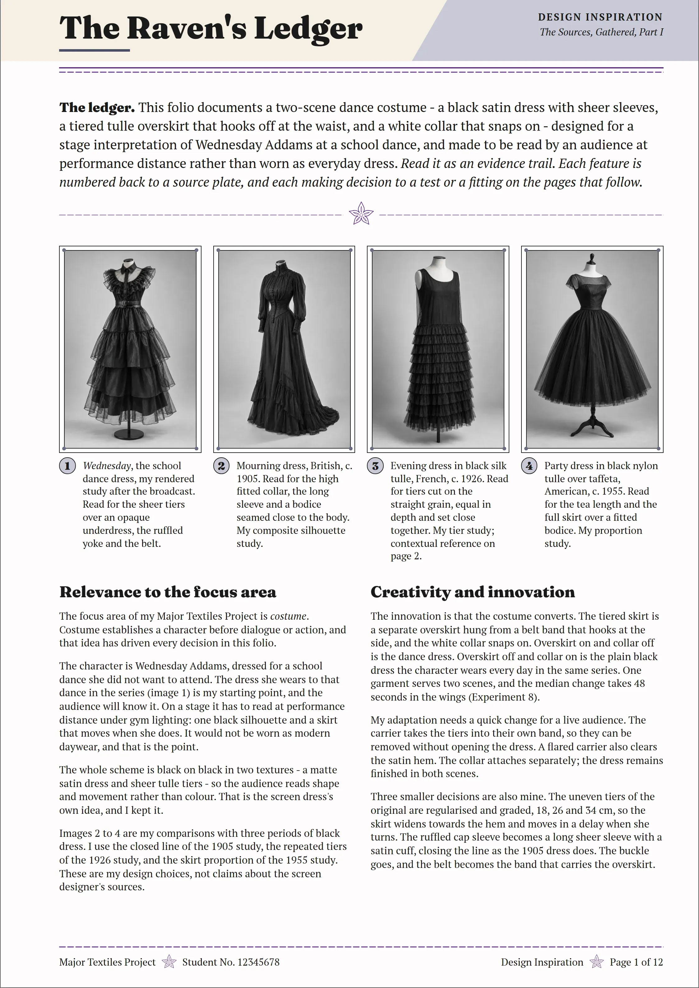 Page 1 of The Raven's Ledger folio, Design Inspiration.