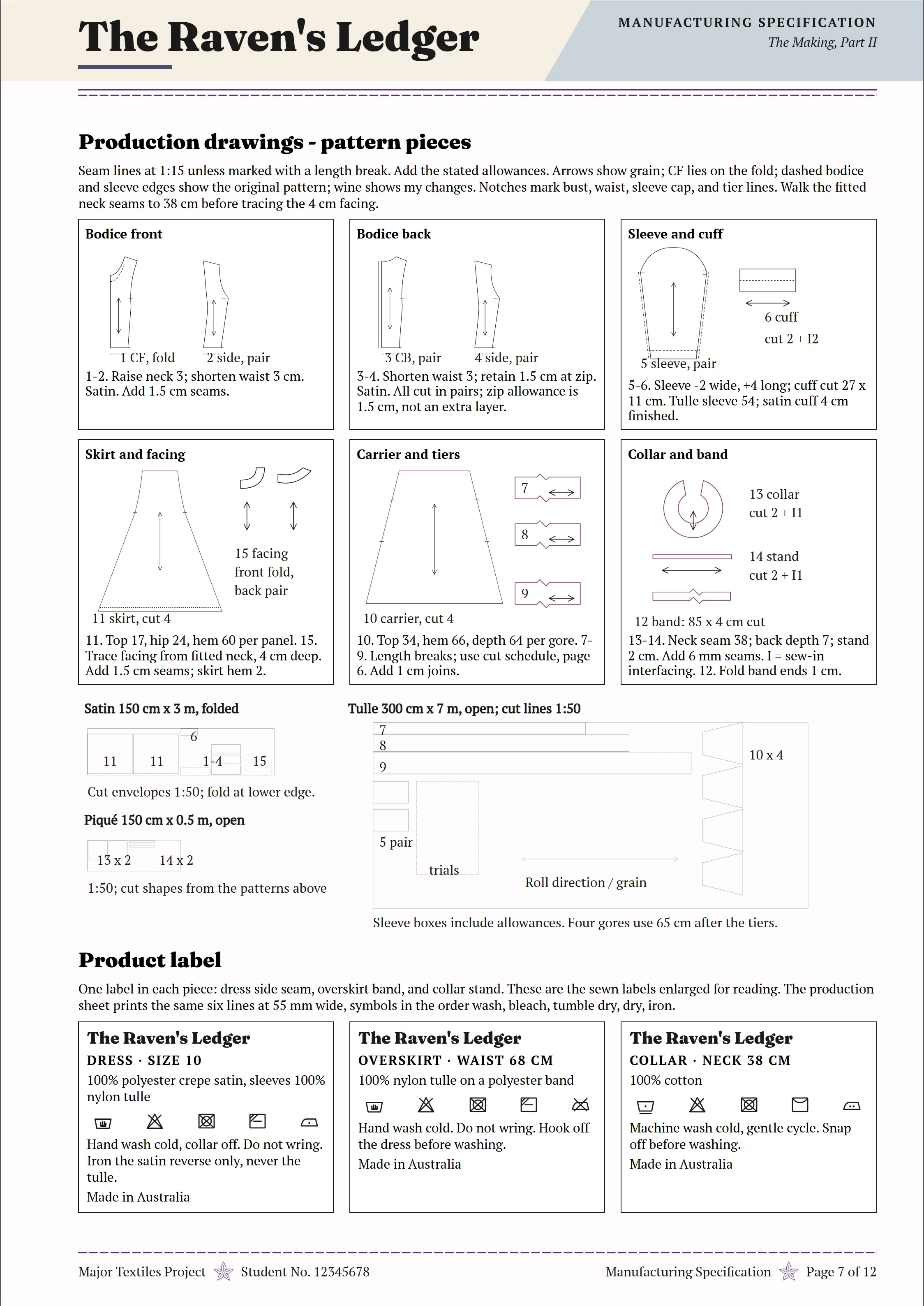 Page 7 of The Raven's Ledger folio, Manufacturing Specification.