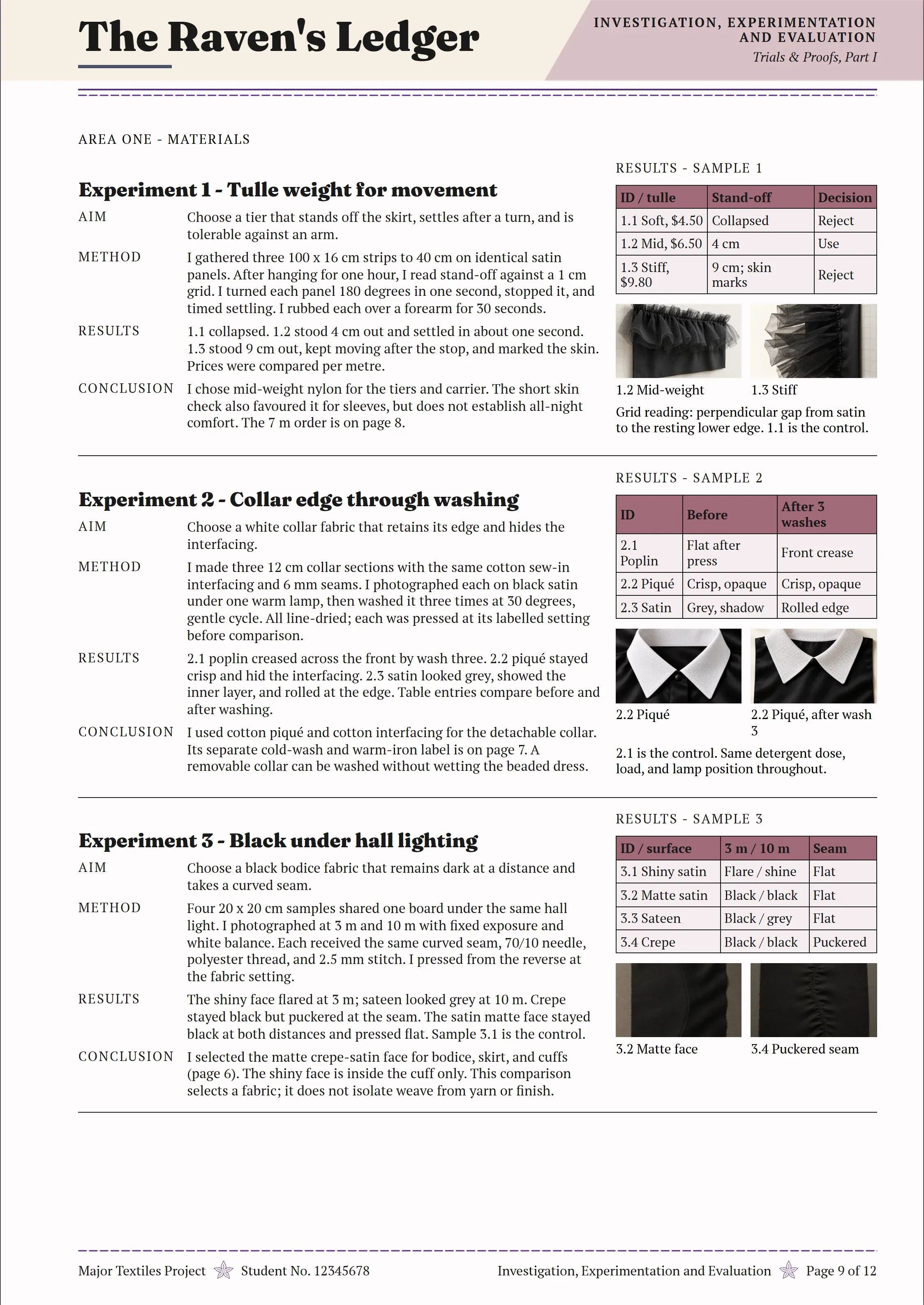 Page 9 of The Raven's Ledger folio, Investigation, Experimentation and Evaluation.