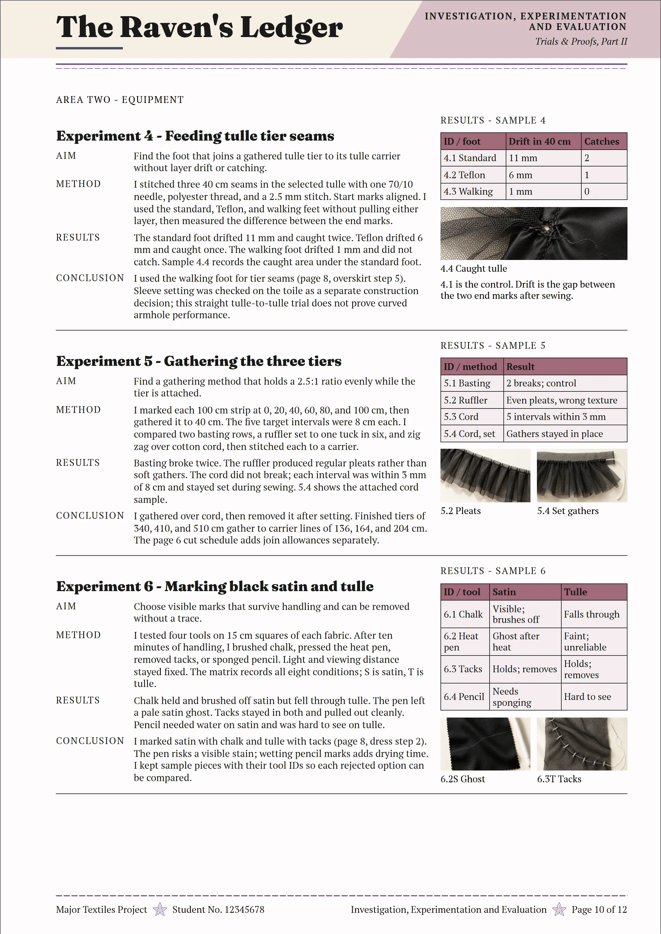 Page 10 of The Raven's Ledger folio, Investigation, Experimentation and Evaluation.