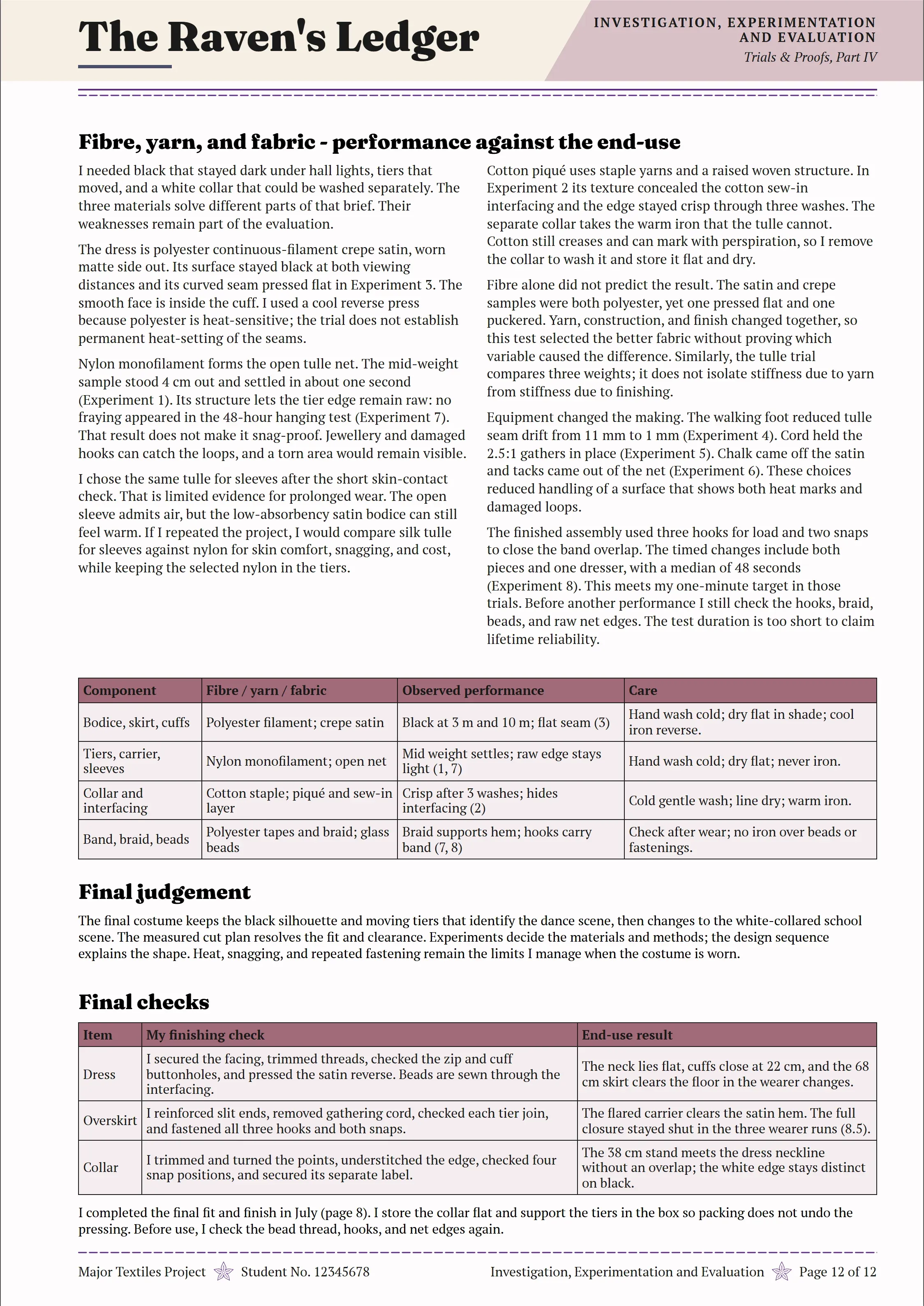 Page 12 of The Raven's Ledger folio, Investigation, Experimentation and Evaluation.