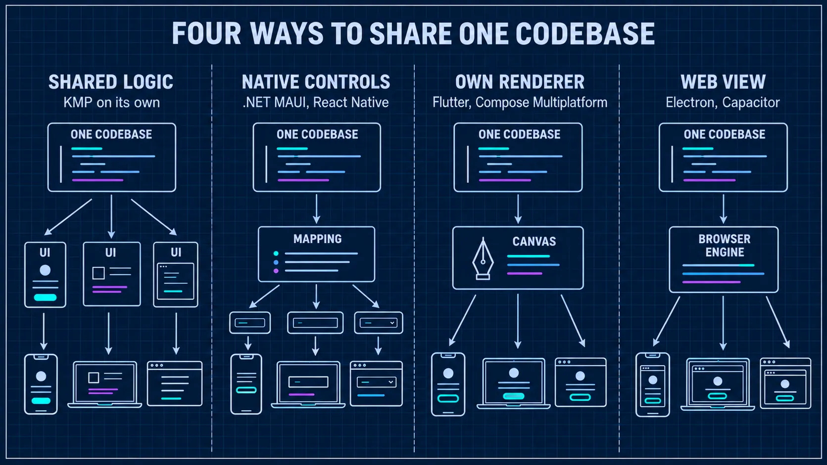 Shared logic, native controls, an own renderer, and a web view, each feeding a phone, laptop, and browser.