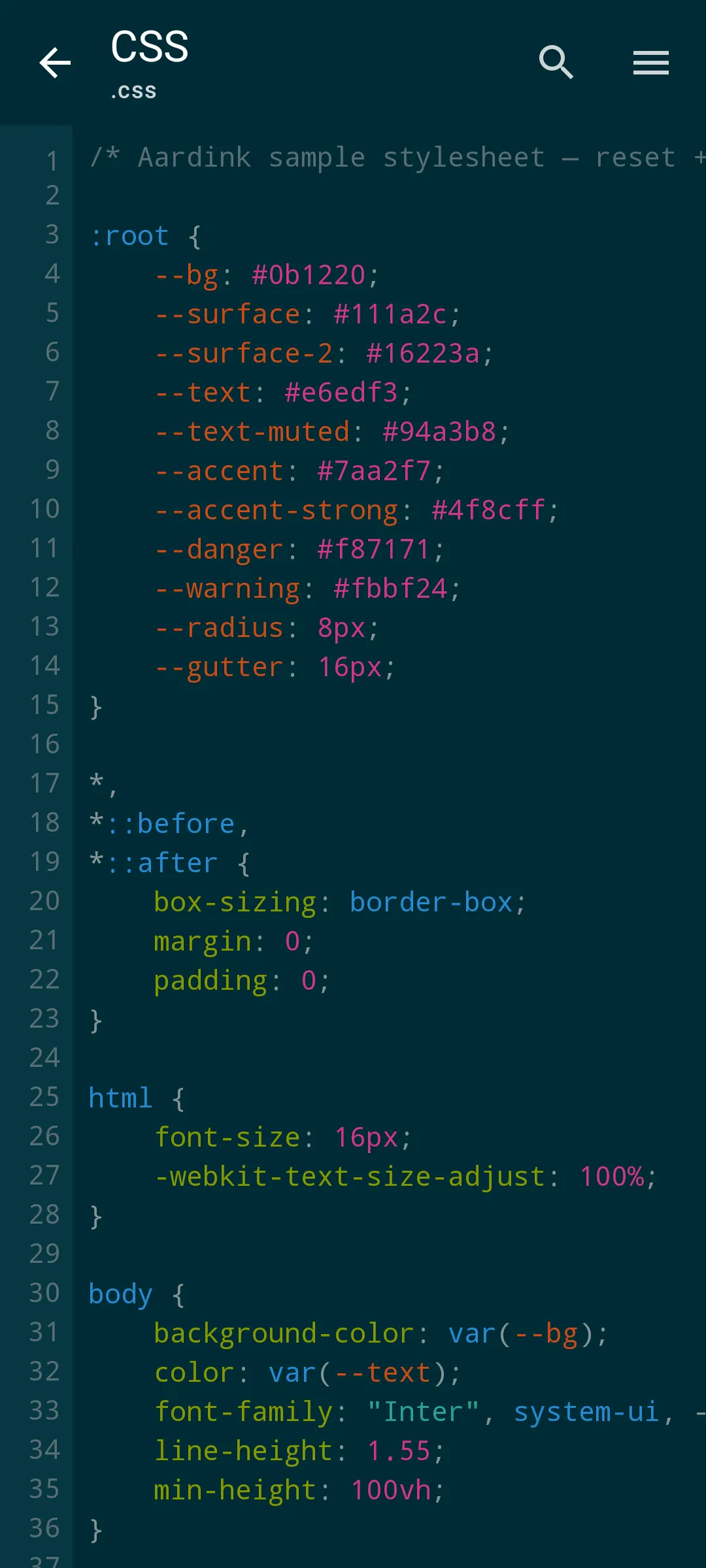 Aardink editor showing CSS in the Solarized Dark theme